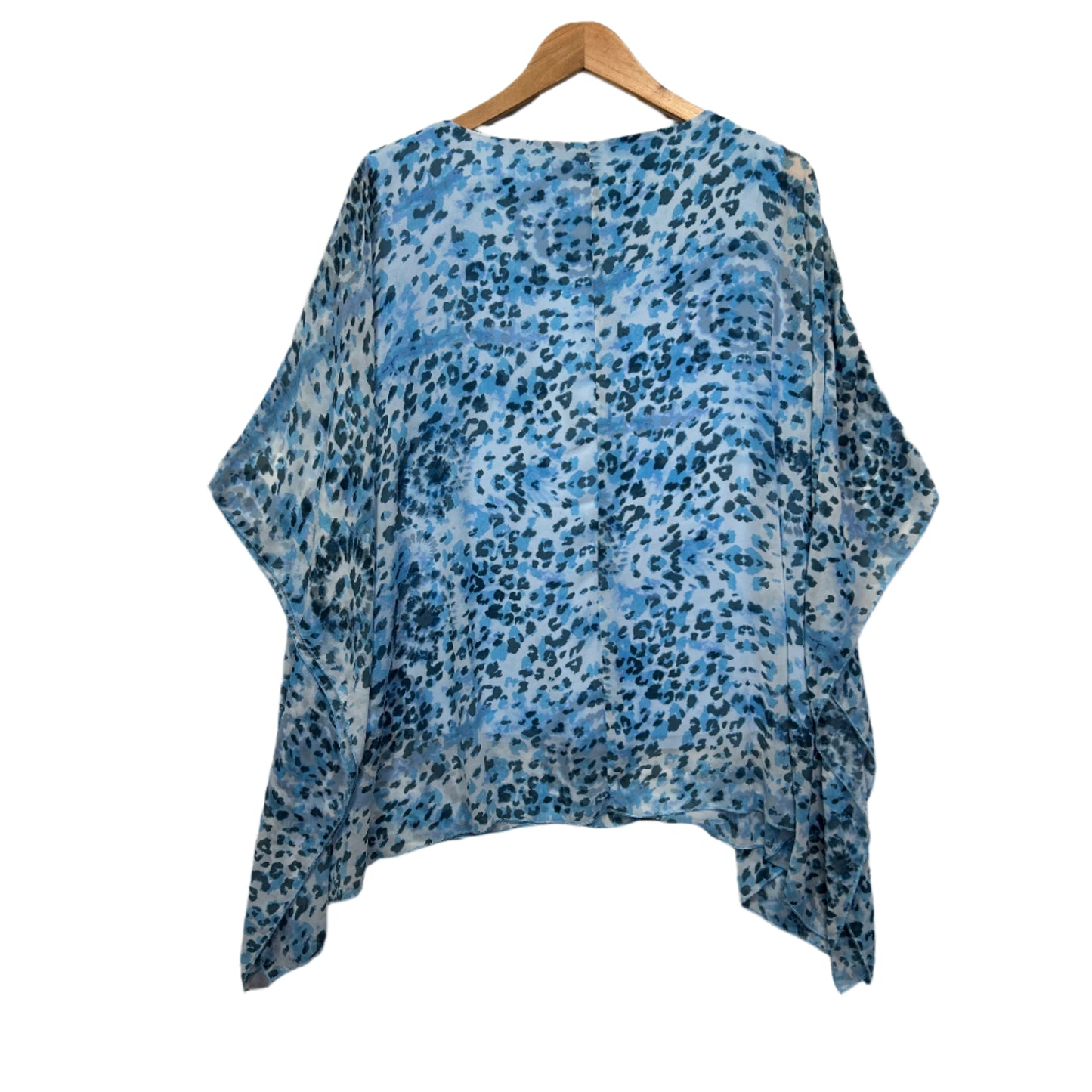 Liz Jordan Tunic Top Size 14 Blue Crochet Trim Sheer Overlay