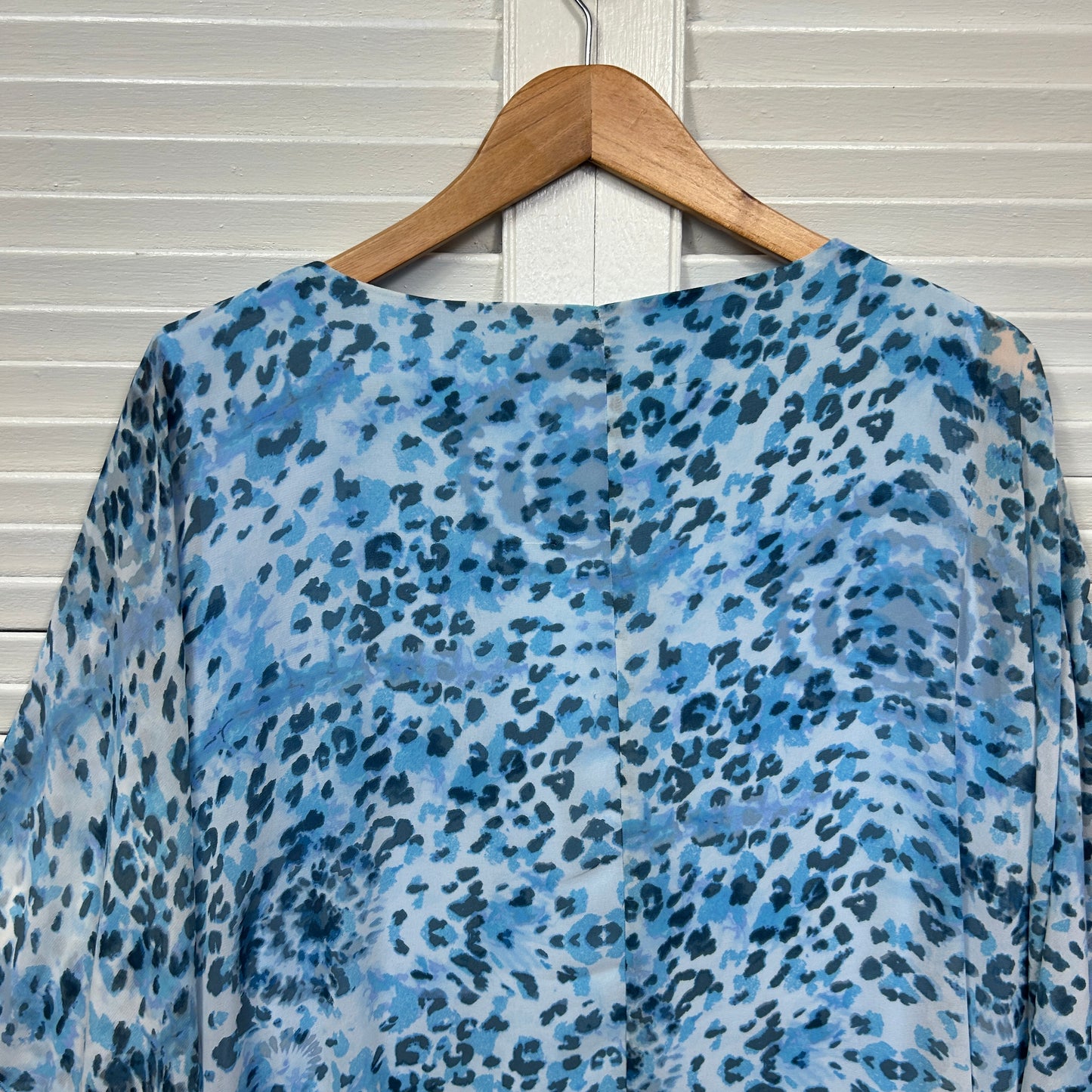 Liz Jordan Tunic Top Size 14 Blue Crochet Trim Sheer Overlay