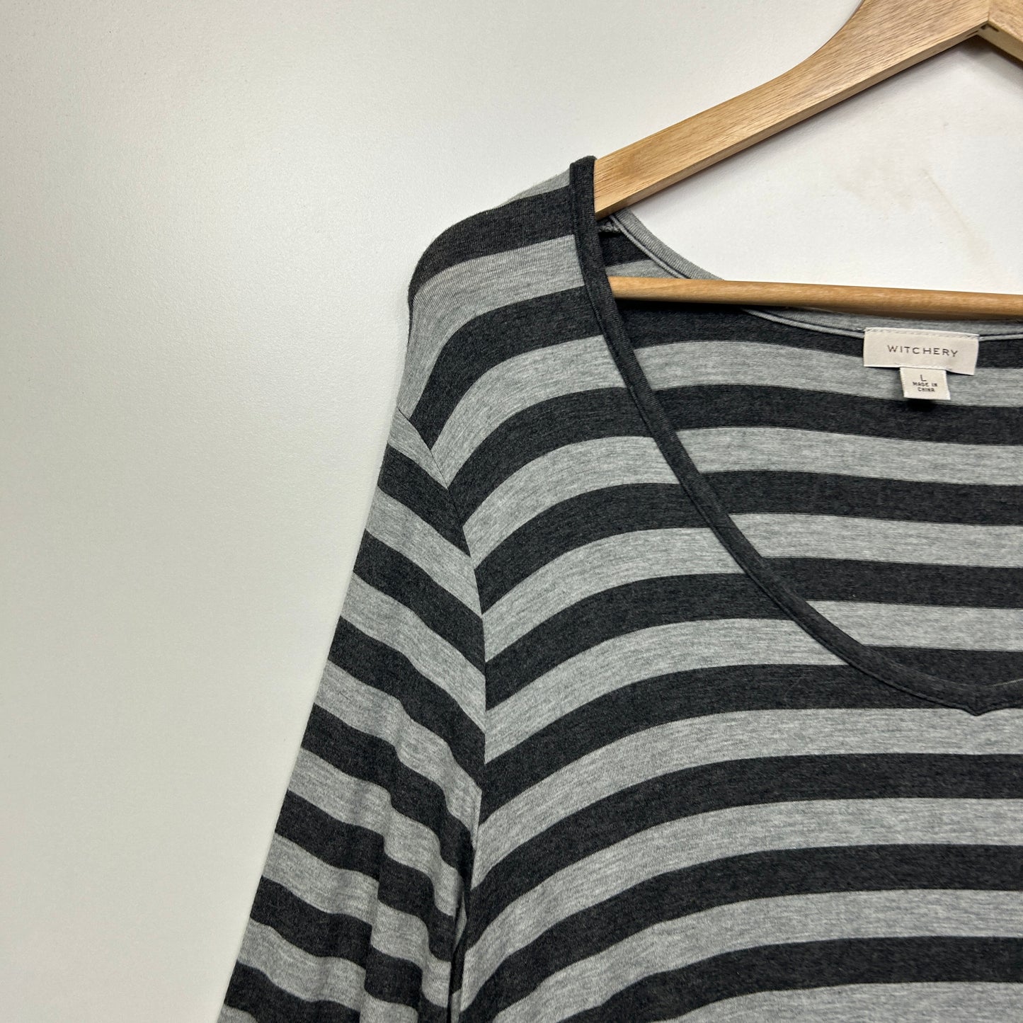 Witchery Top Size Large 14 Grey Black Striped Long Sleeve