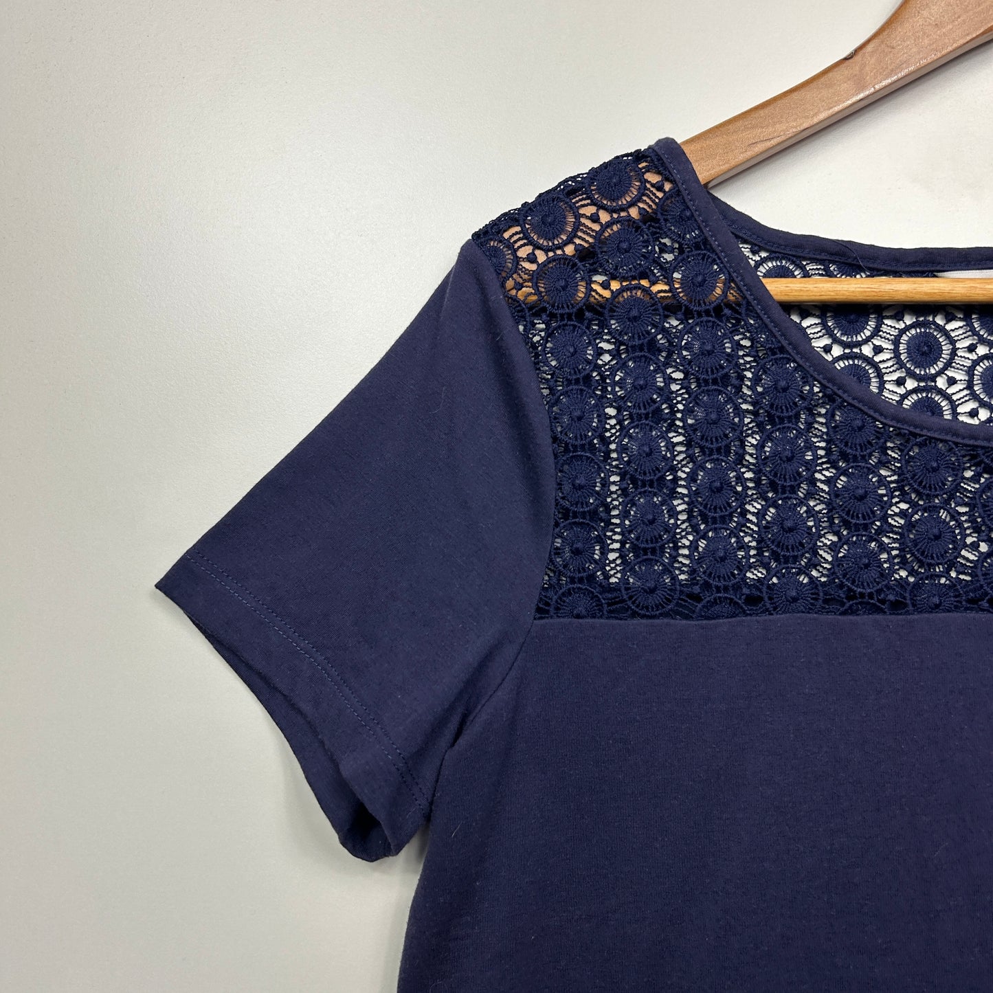 Savannah Top Size 14 Navy Short Sleeve Crochet Trim