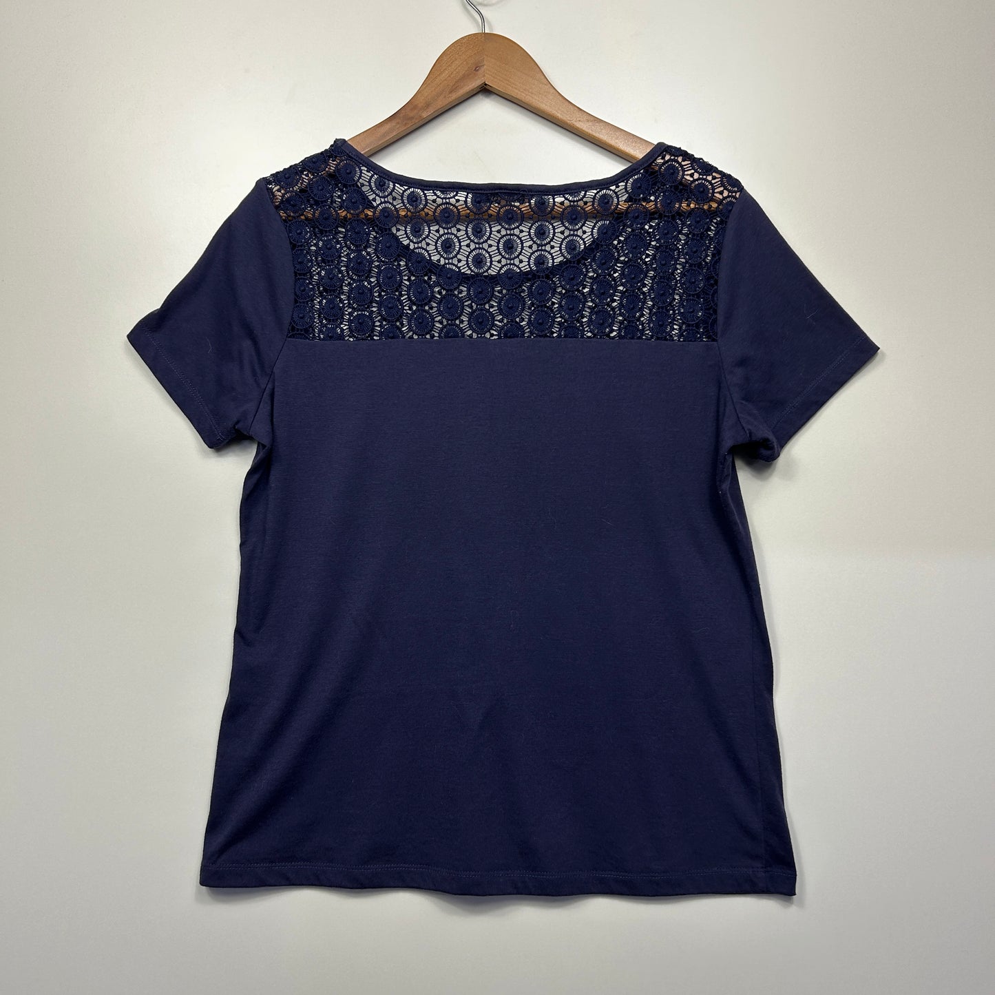 Savannah Top Size 14 Navy Short Sleeve Crochet Trim