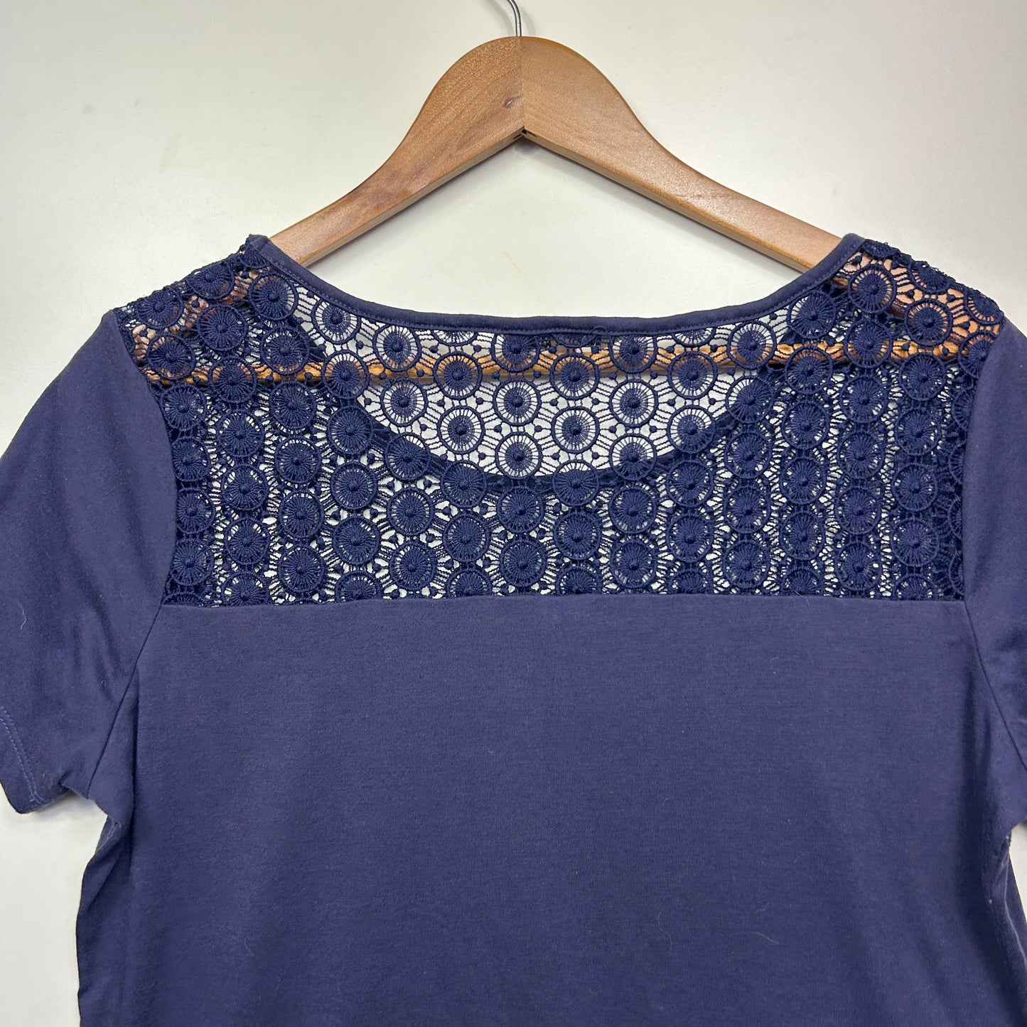 Savannah Top Size 14 Navy Short Sleeve Crochet Trim