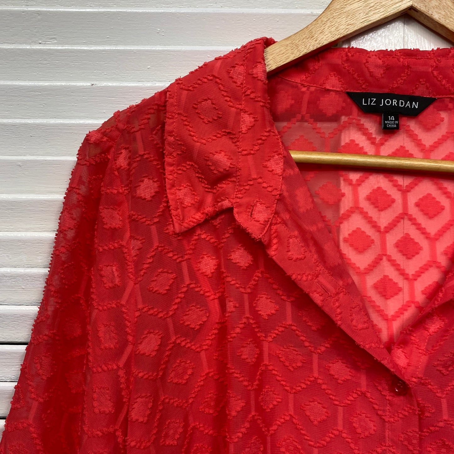 Liz Jordan Top Size 14 Red Button Up Long Sleeve Sheer