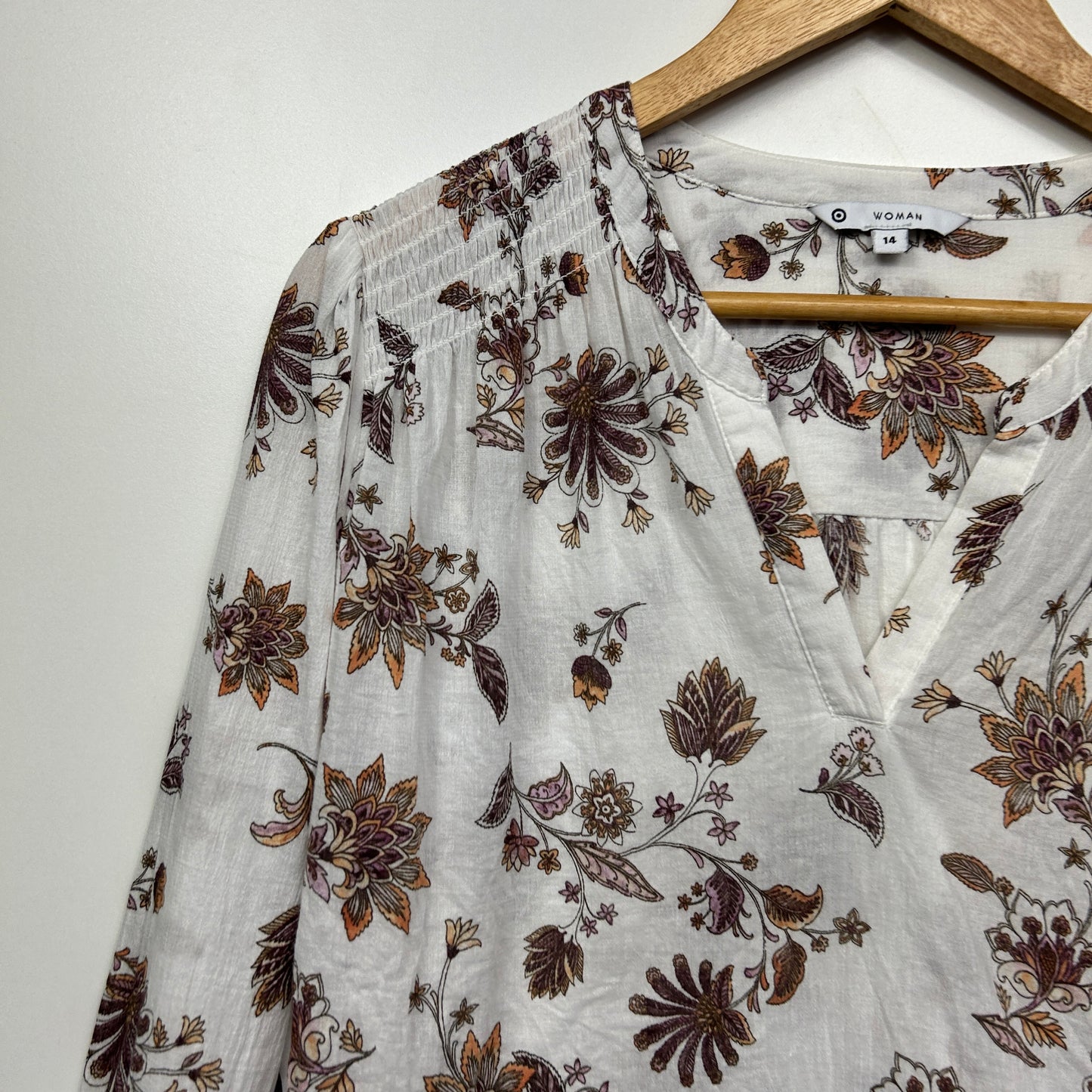 Target Top Size 14 Long Sleeve White Floral Cotton