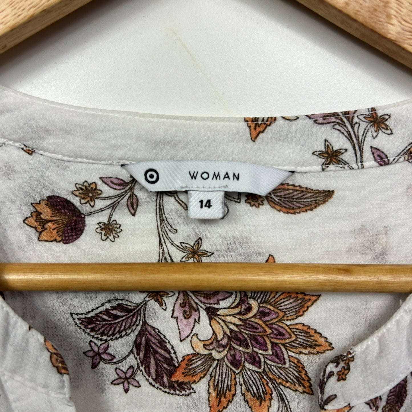 Target Top Size 14 Long Sleeve White Floral Cotton
