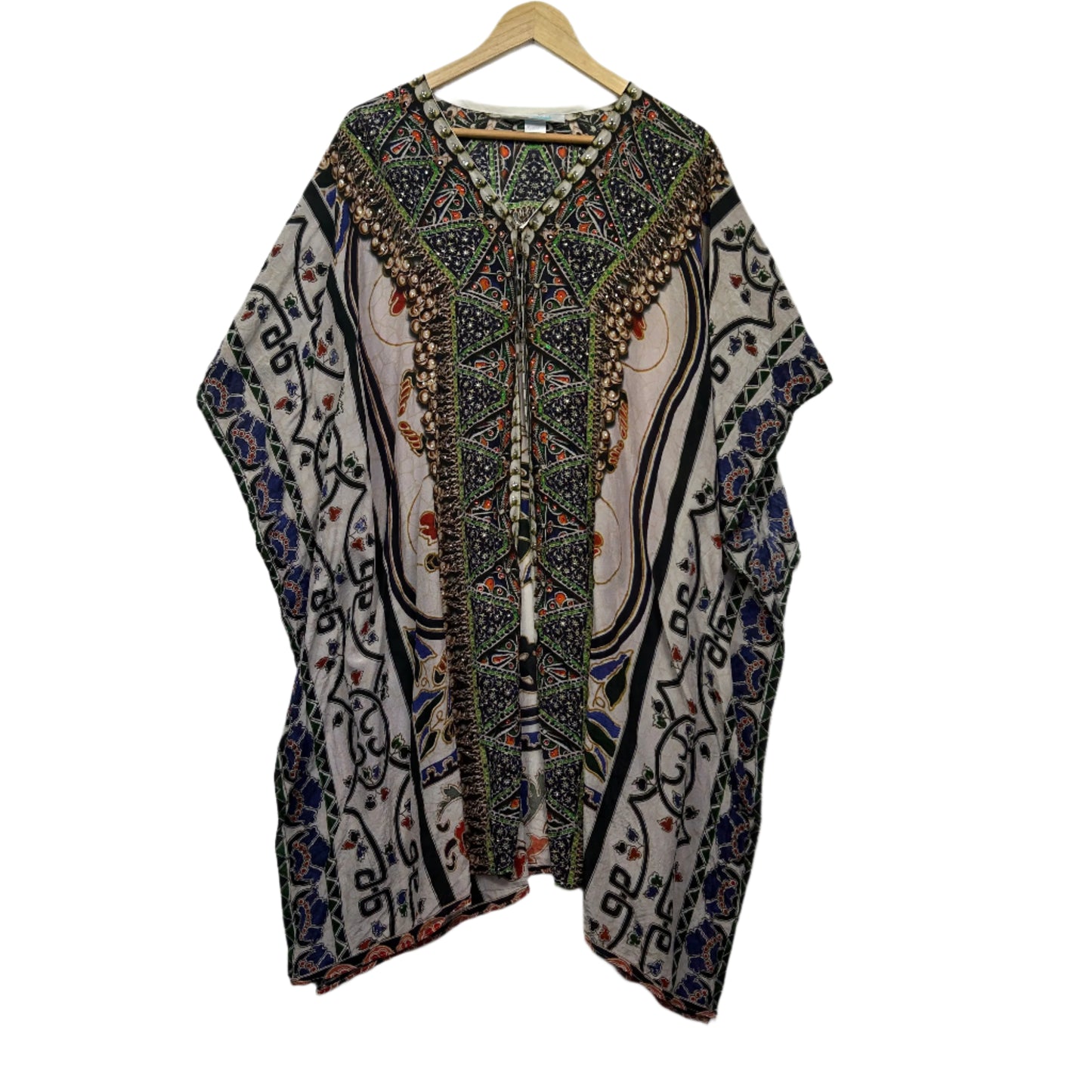 Silk Kaftan Top One Size 16b 18 Multicoloured Short Sleeve Open Front