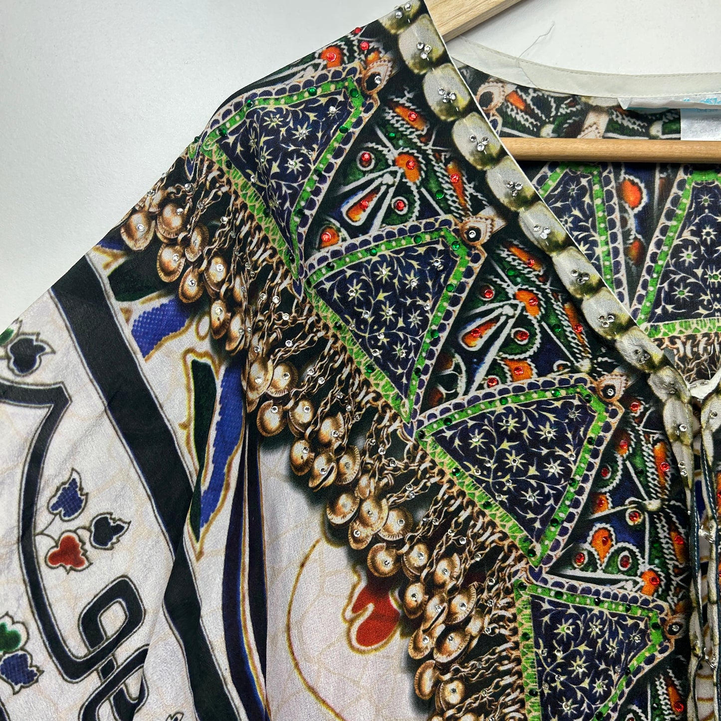 Silk Kaftan Top One Size 16b 18 Multicoloured Short Sleeve Open Front