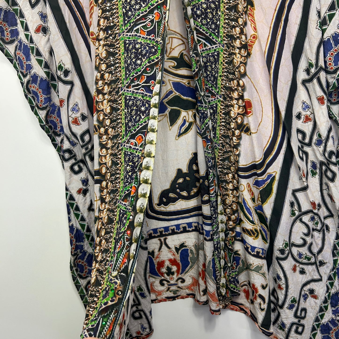 Silk Kaftan Top One Size 16b 18 Multicoloured Short Sleeve Open Front