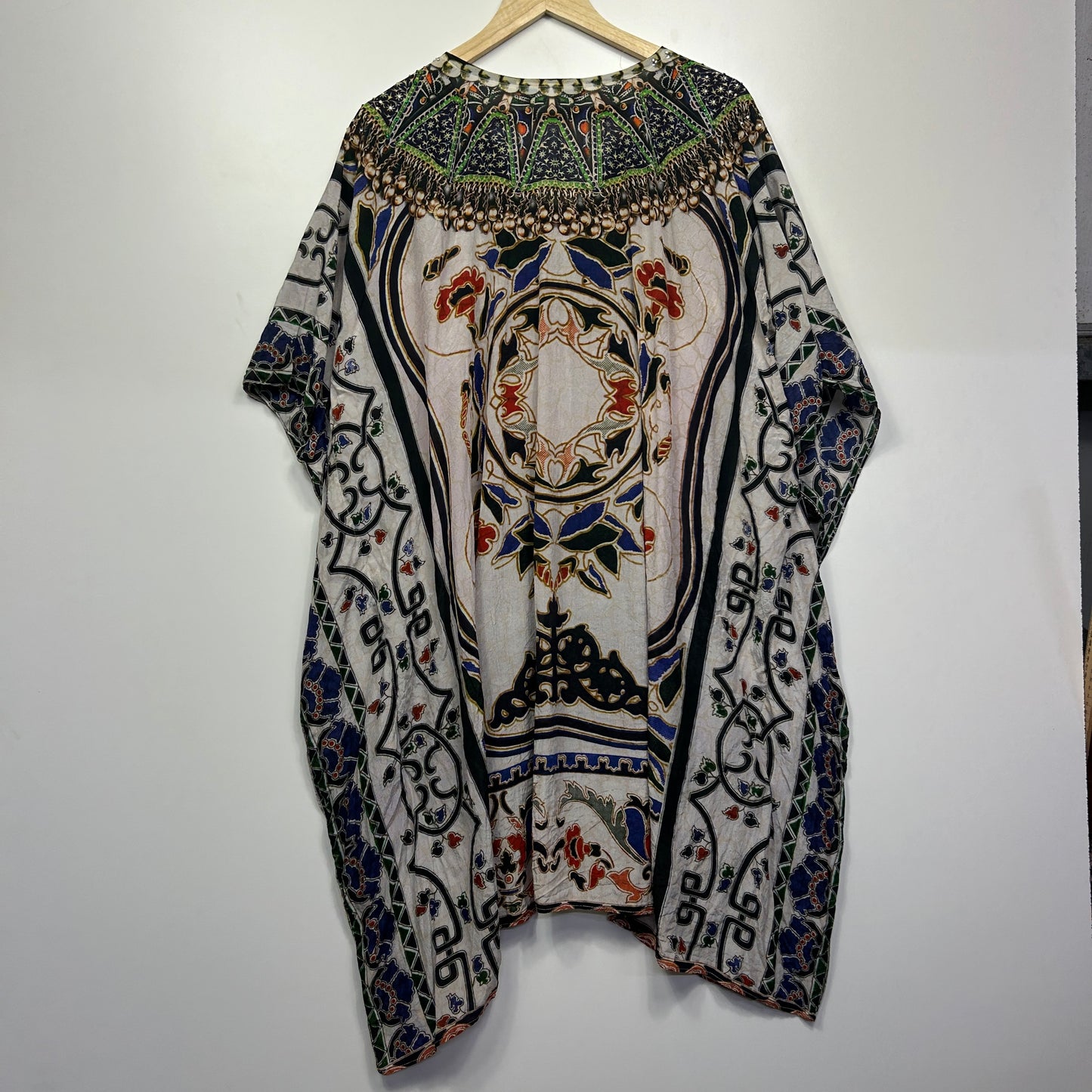 Silk Kaftan Top One Size 16b 18 Multicoloured Short Sleeve Open Front