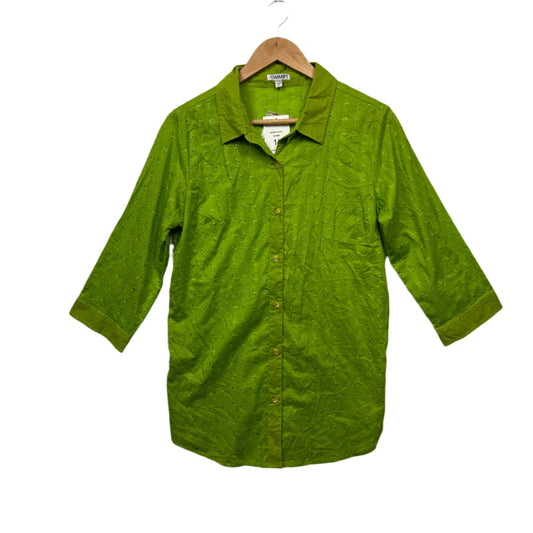 Damart Top Size 14 Green Broderie Embroidered Button Up
