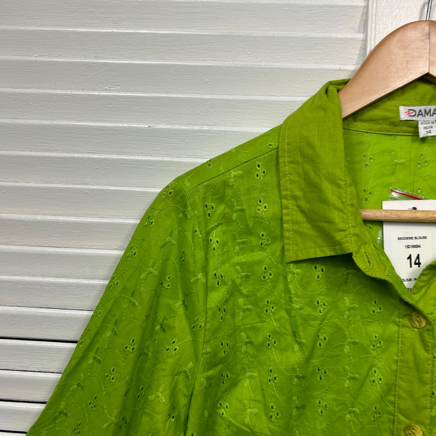 Damart Top Size 14 Green Broderie Embroidered Button Up