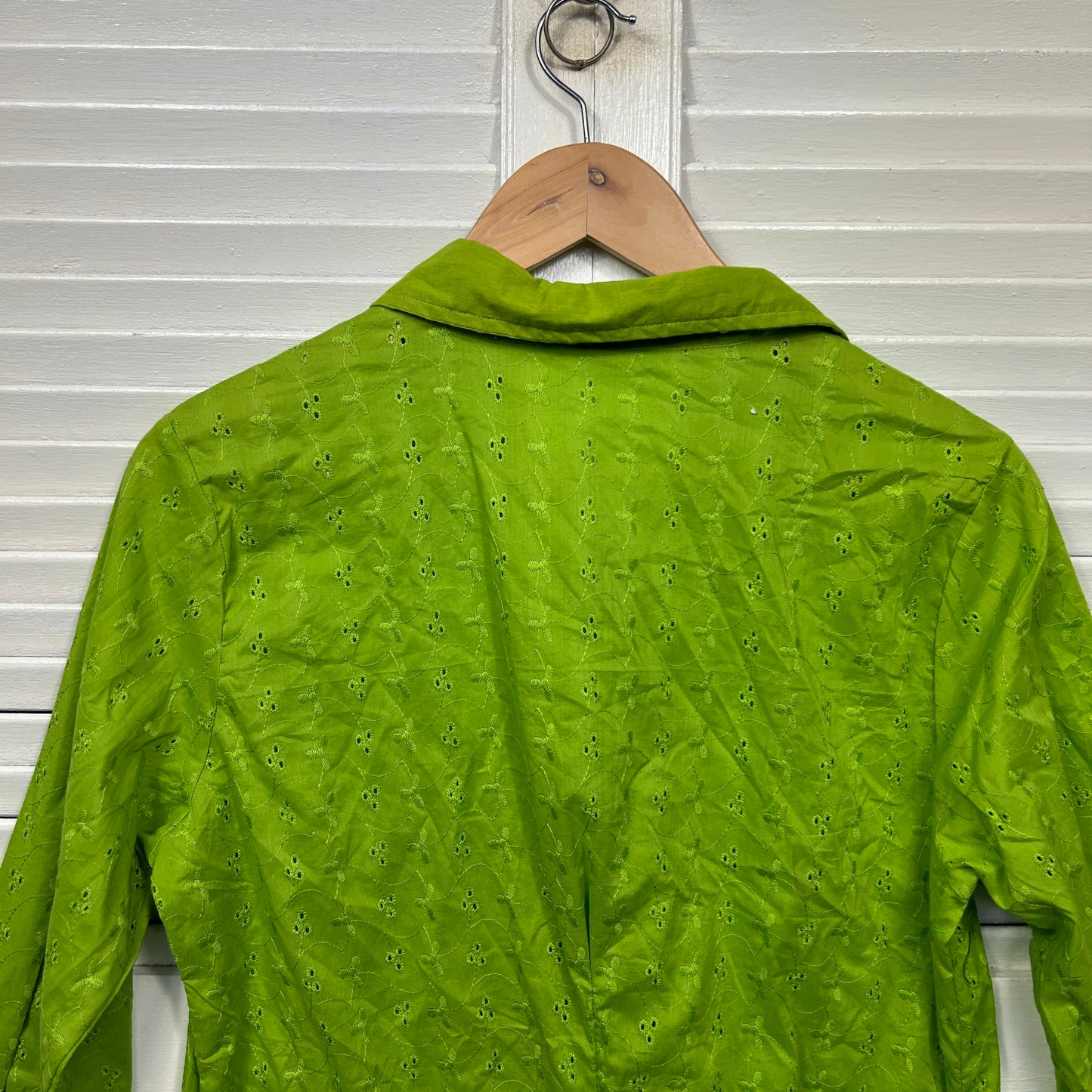 Damart Top Size 14 Green Broderie Embroidered Button Up