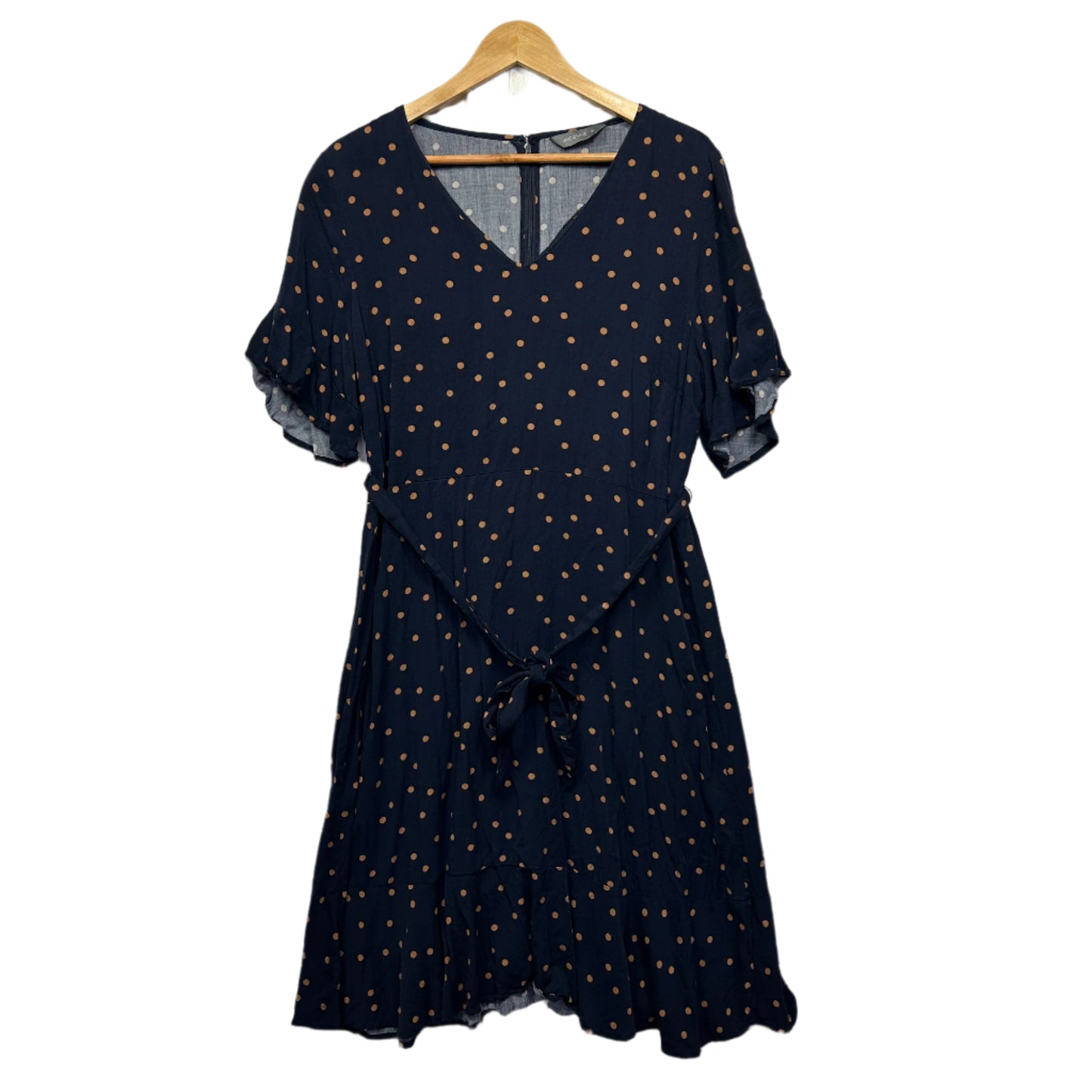 Jacqui E Dress Size Large 14 Navy Mustard Short Sleeve Polka Dots Viscose Belt