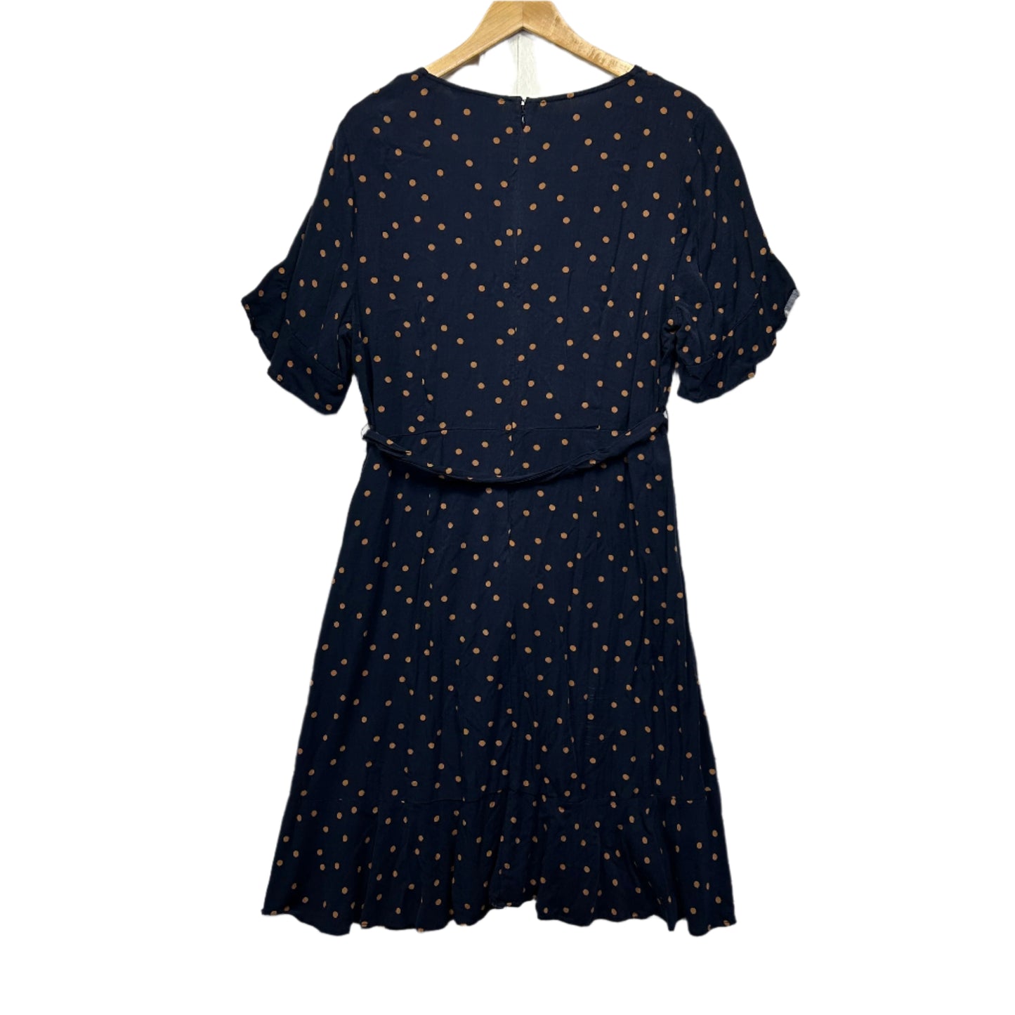 Jacqui E Dress Size Large 14 Navy Mustard Short Sleeve Polka Dots Viscose Belt