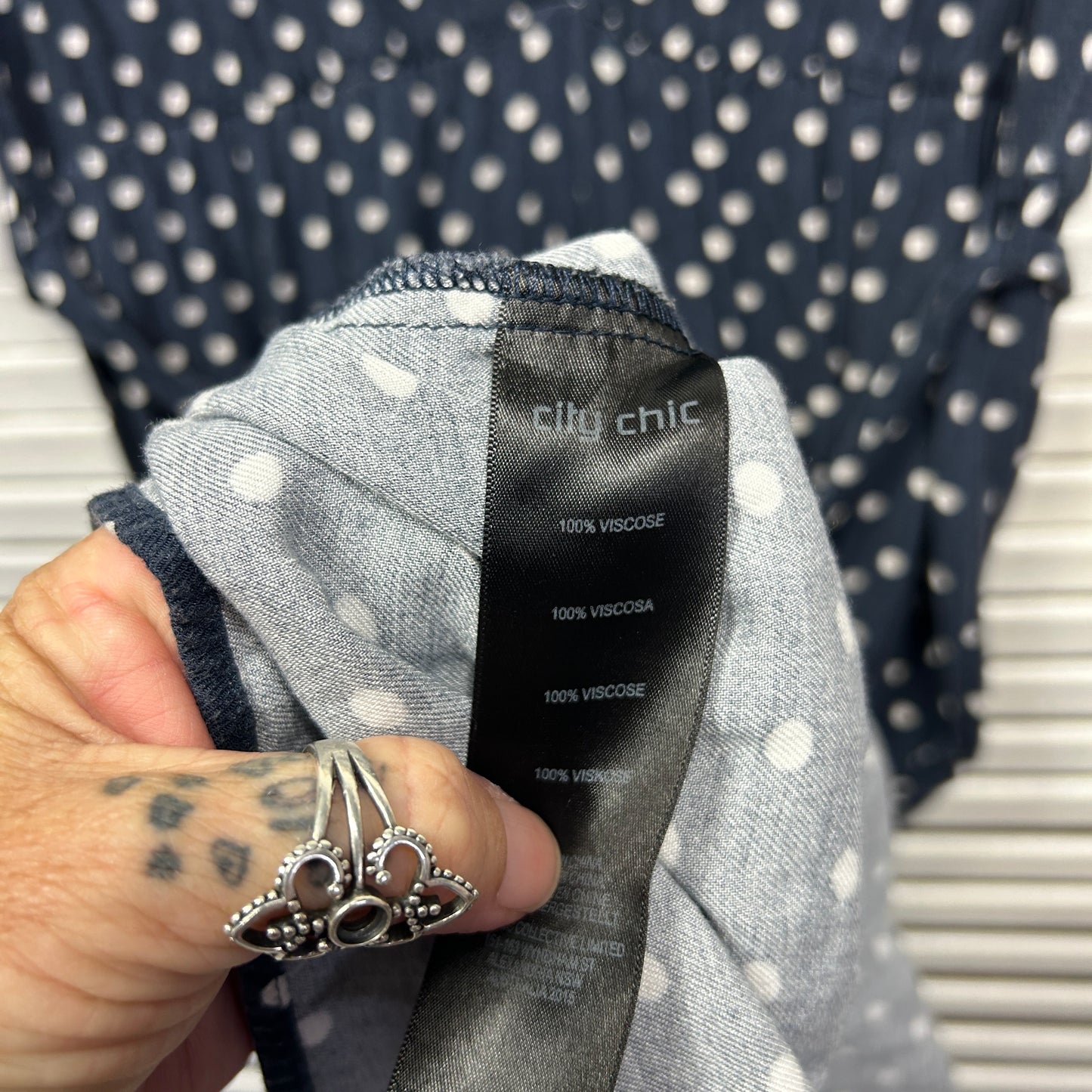 City Chic Dress Size 14 XS Navy White Short Sleeve Polka Dots Viscose Belt