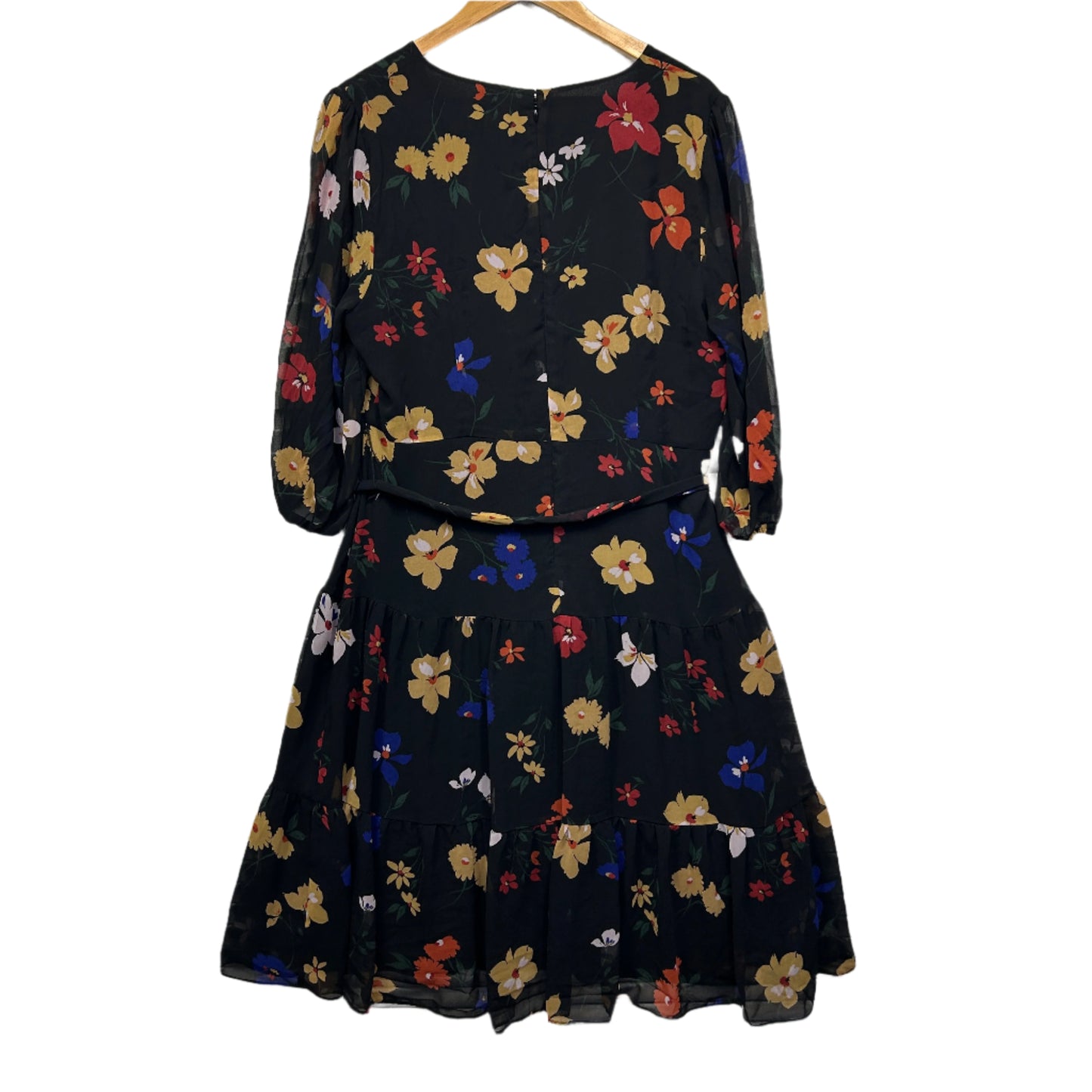 Jacqui E Dress Size 16 Black Floral Long Sleeve Belted Lined