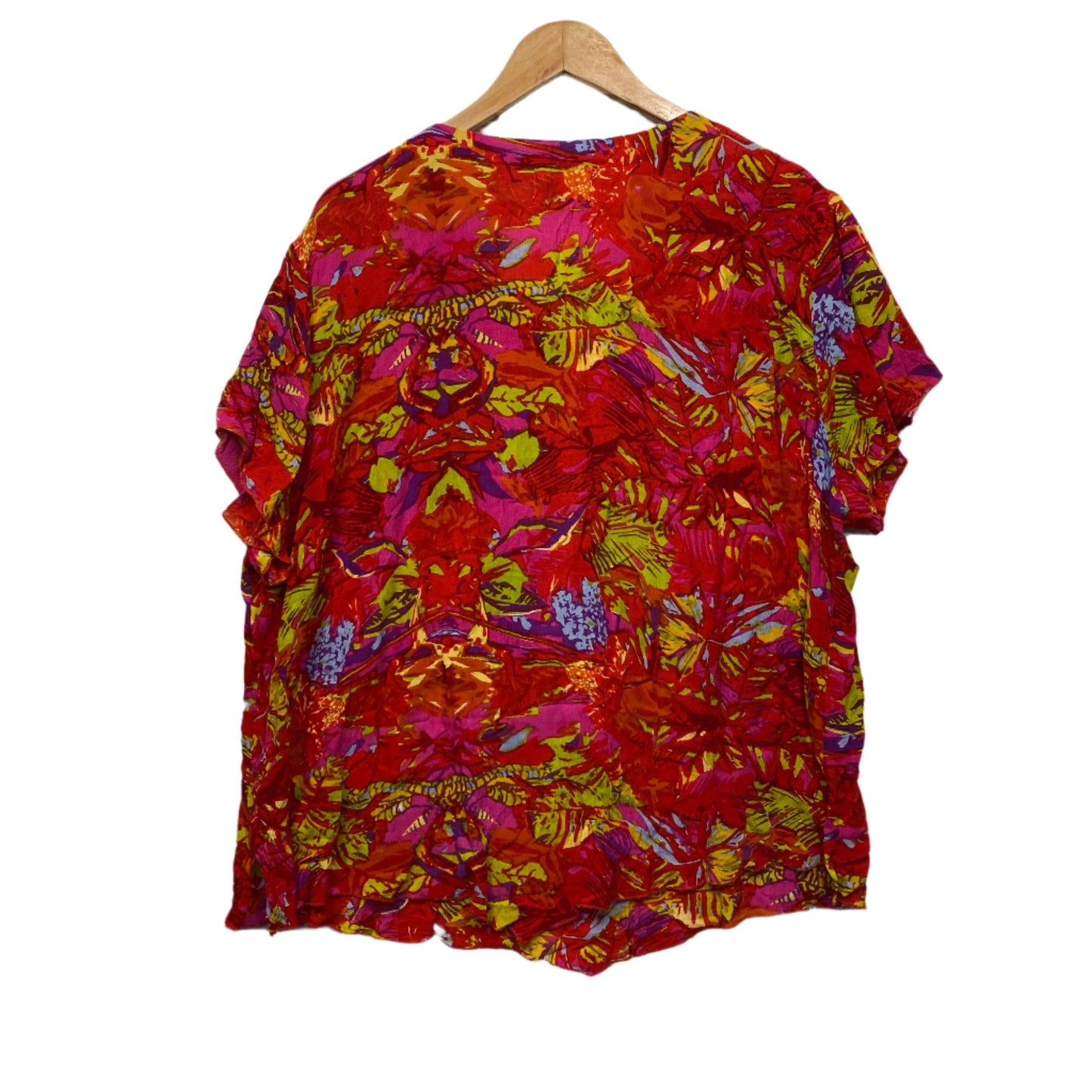 Dwij Top Size 16 Red Floral Short Sleeve Rayon