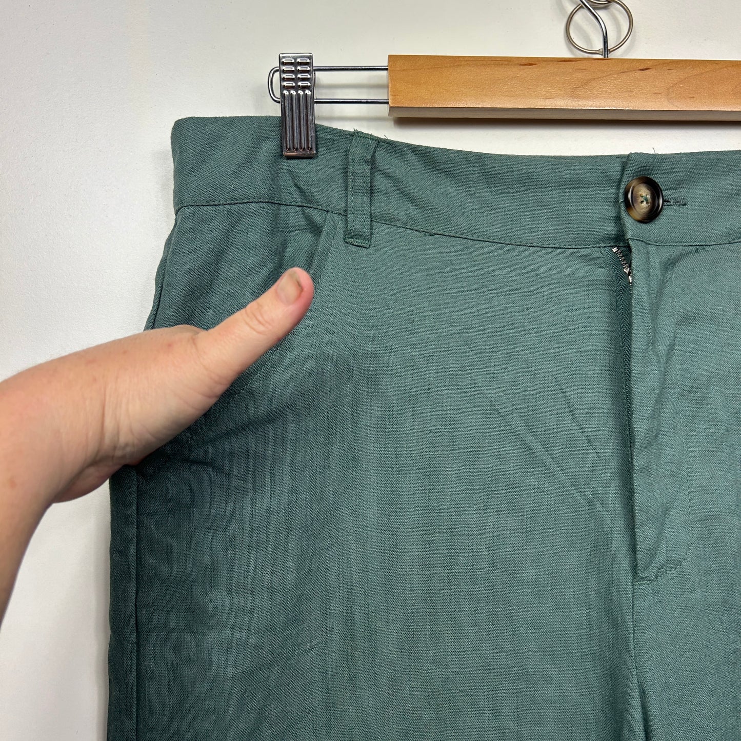 Grace Hill Linen Pants Size 14 Green Zip Fly Pockets