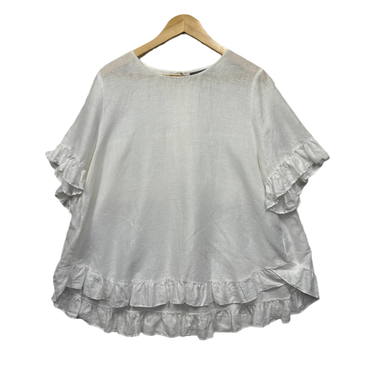 Sussan Linen Top Size 14 White Ruffle Short Sleeve