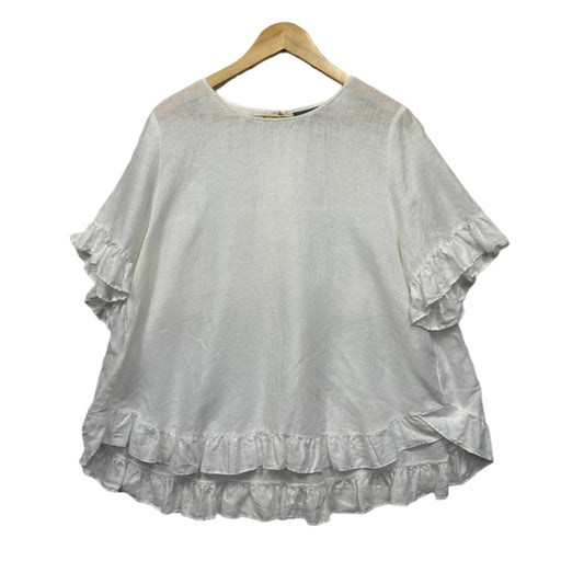 Sussan Linen Top Size 14 White Ruffle Short Sleeve