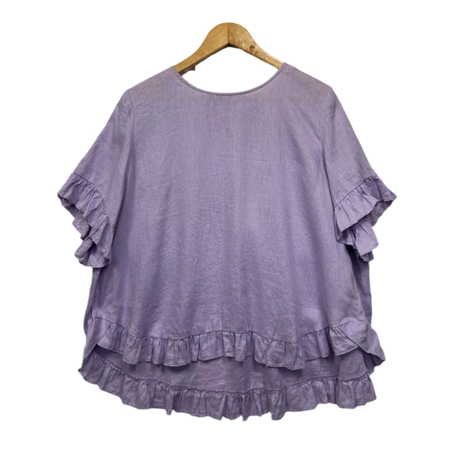 Sussan Linen Top Size 14 Lavender Ruffle Short Sleeve