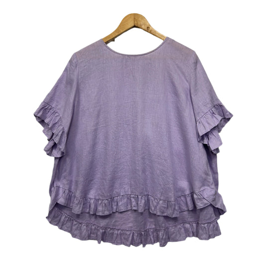 Sussan Linen Top Size 14 Lavender Ruffle Short Sleeve