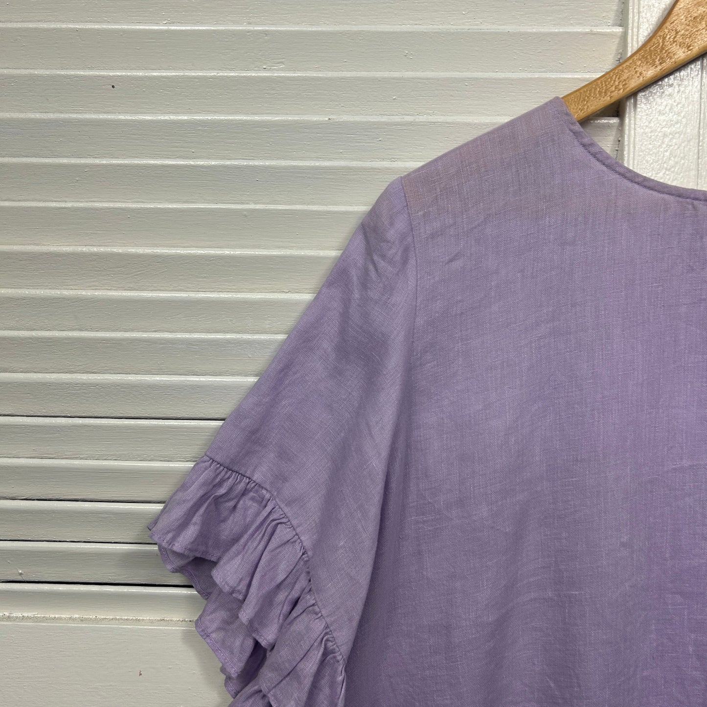 Sussan Linen Top Size 14 Lavender Ruffle Short Sleeve