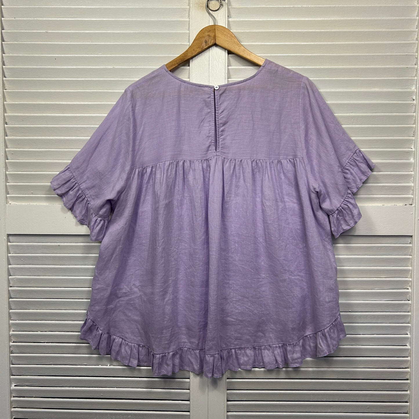Sussan Linen Top Size 14 Lavender Ruffle Short Sleeve