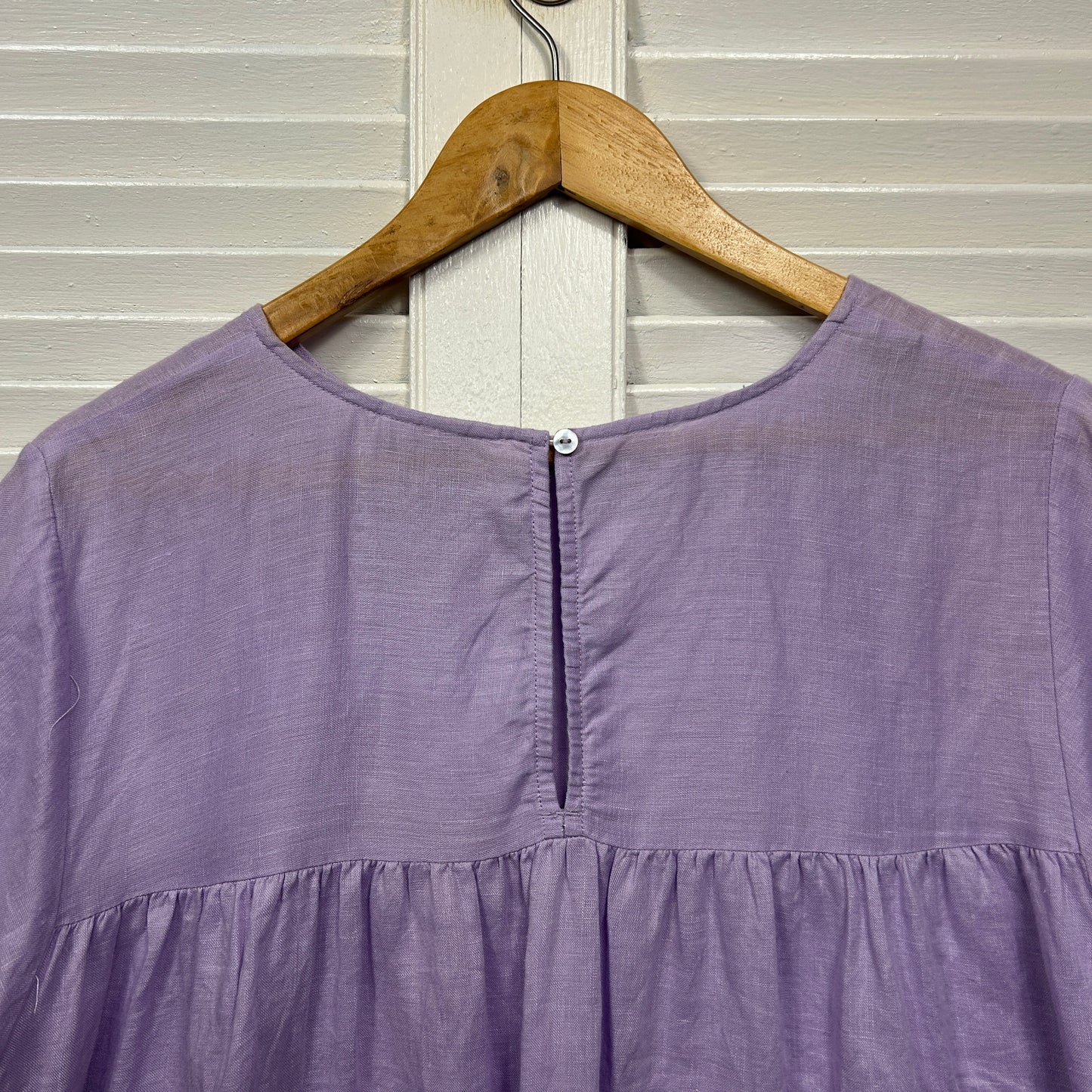Sussan Linen Top Size 14 Lavender Ruffle Short Sleeve