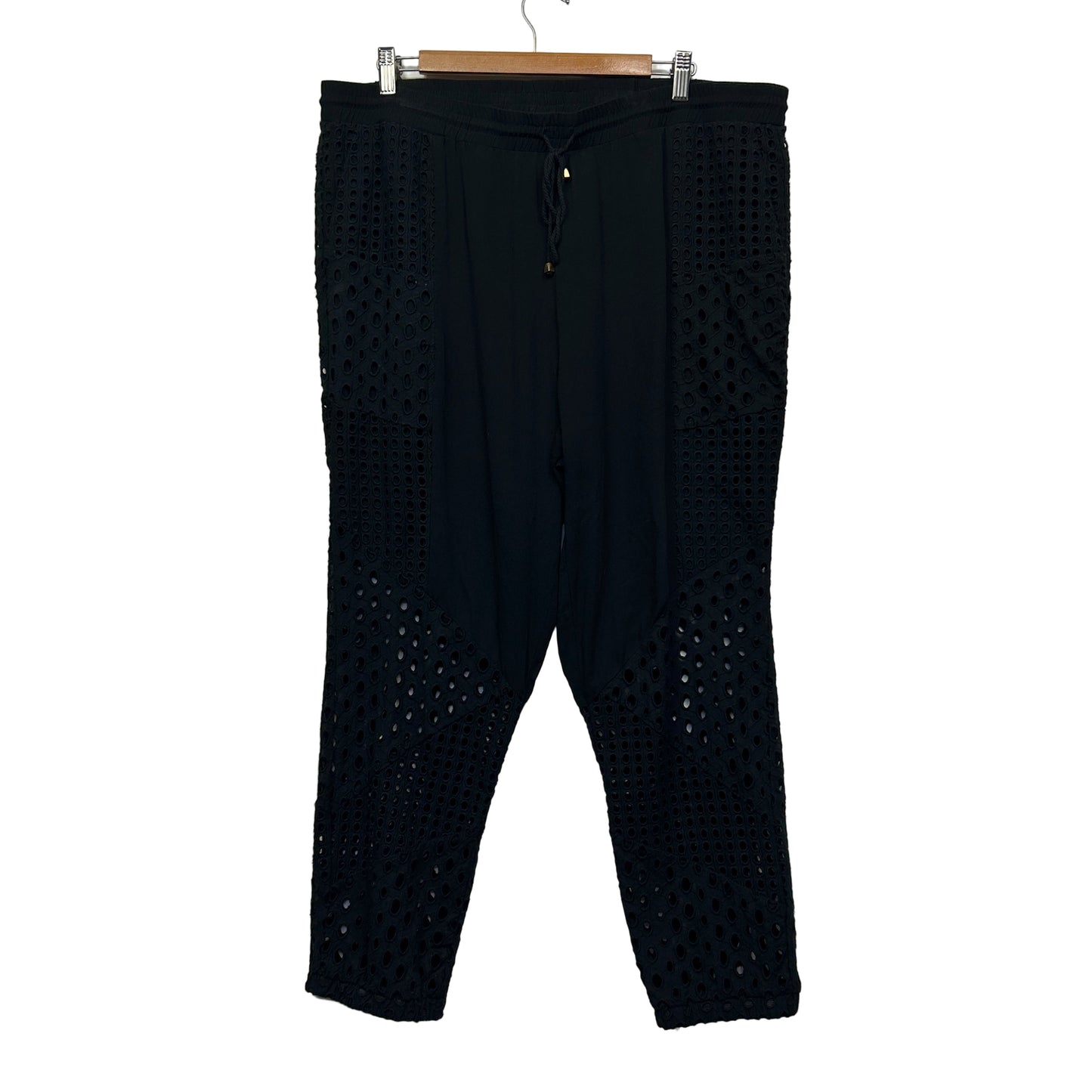 Rockmans Broderie Pants Size 18 Black Embroidered Drawstring Waist Cuffed Ankle