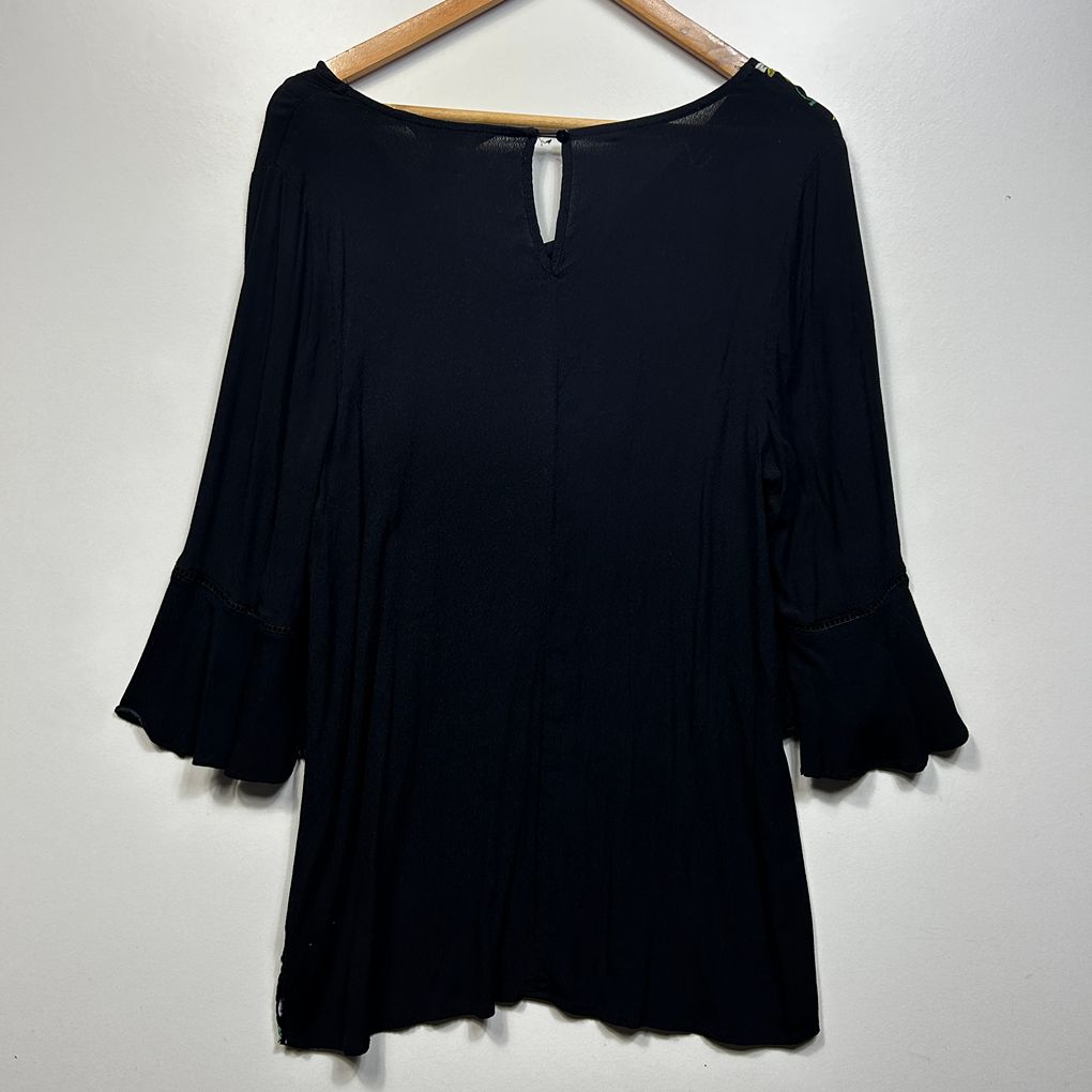 Beme Black Floral Bell Sleeve Top - Size 14