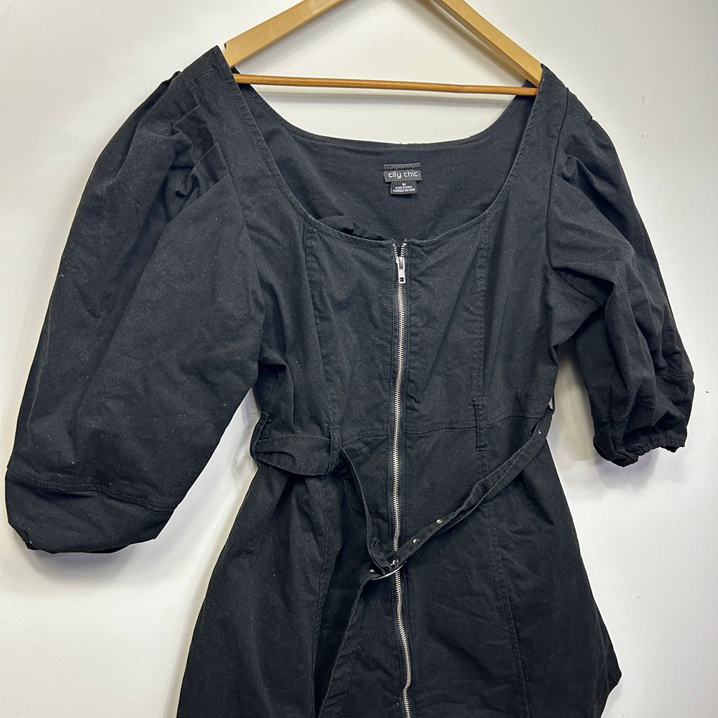 City Chic Black Plus Size Cotton Belted Zip Dress - Size M/18 (Note condition)