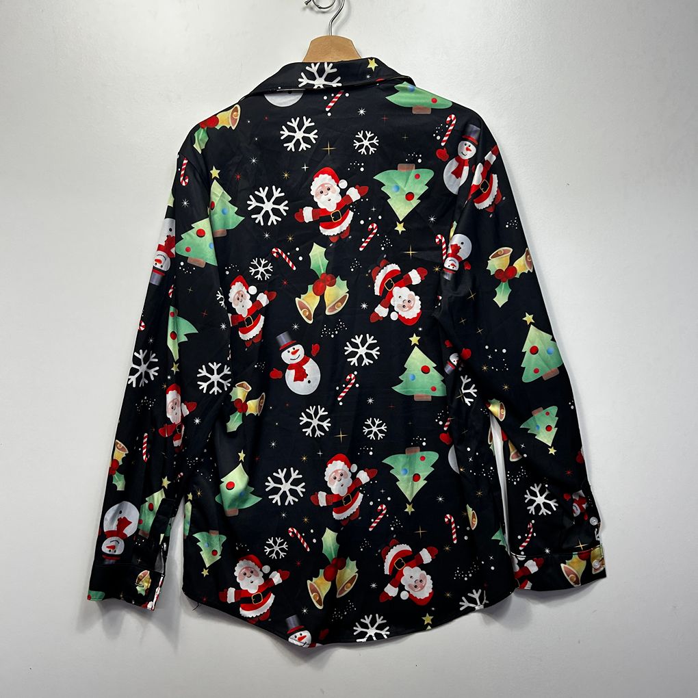 Black Christmas Santa Button Up Unisex Shirt - Size L