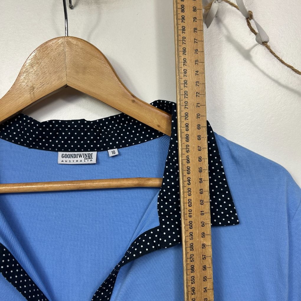 Blue top with black polka dot collar detail front view