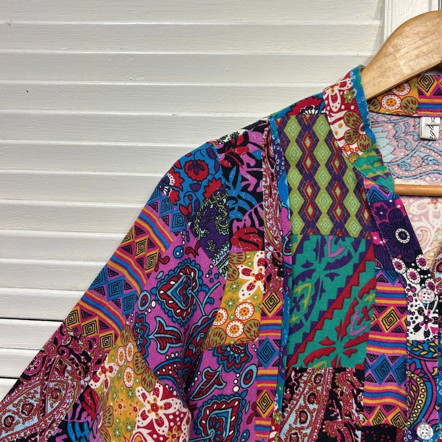 Hourglass Linen Blend Patchwork Top Size 12 14 16 Multicoloured Button Up Pockets