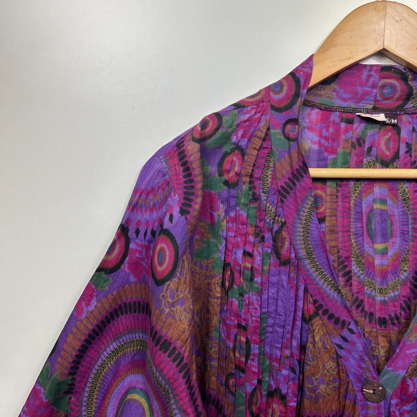 Purple Boho Tunic Top Long Sleeve Pintuck 100% Cotton Size 12 14 Fit