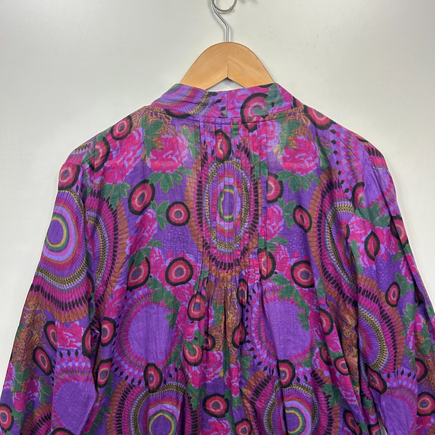 Purple Boho Tunic Top Long Sleeve Pintuck 100% Cotton Size 12 14 Fit
