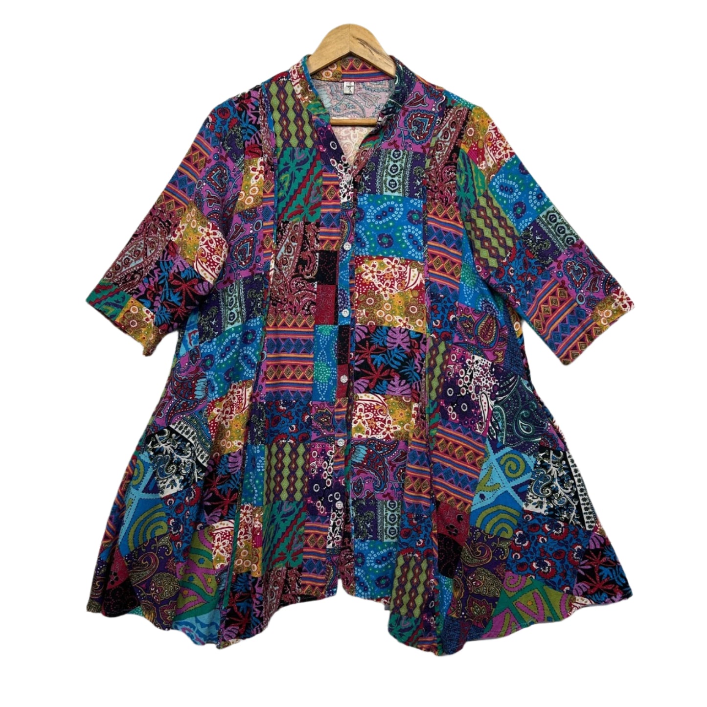 Hourglass Linen Blend Patchwork Top Size 12 14 16 Multicoloured Button Up Pockets