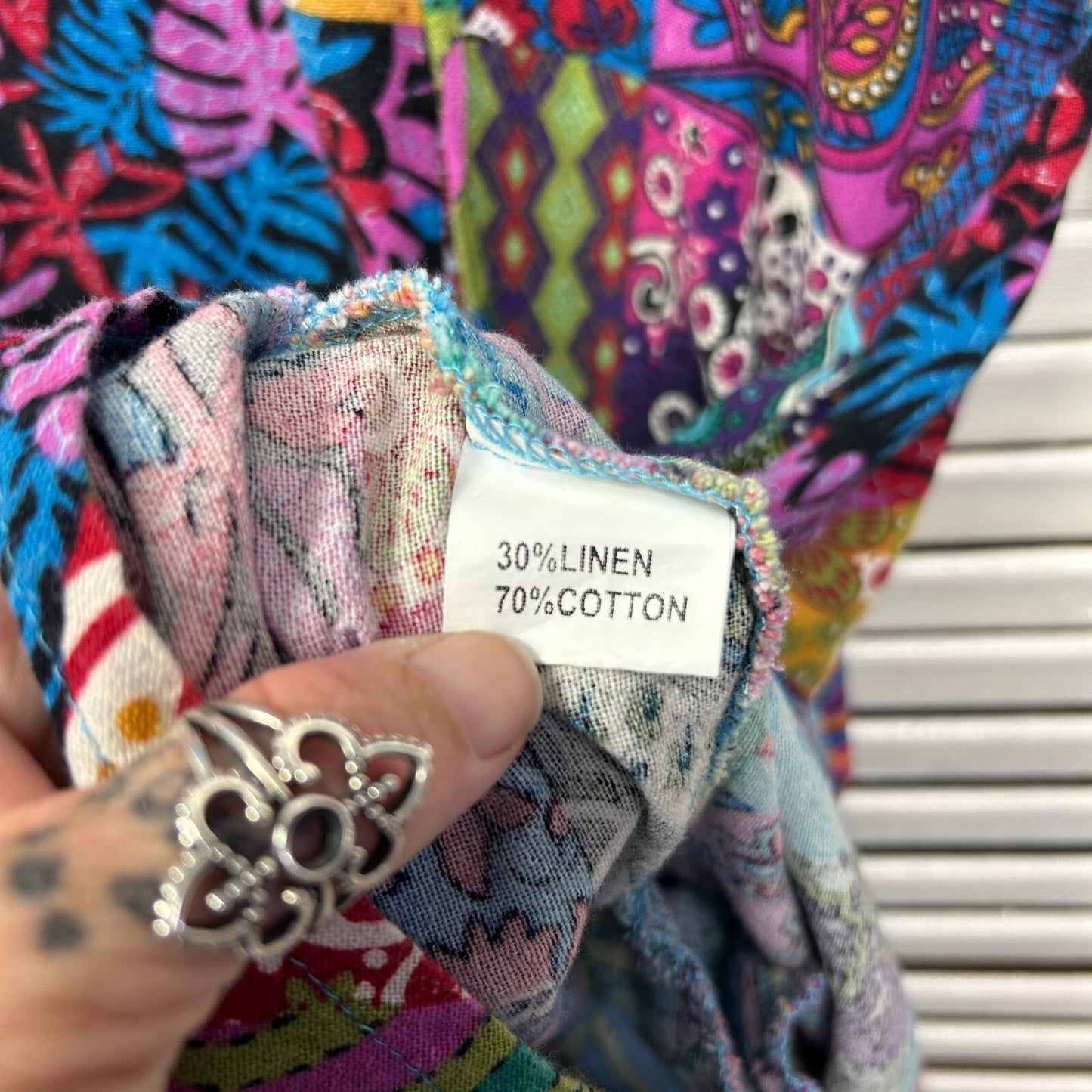 Hourglass Linen Blend Patchwork Top Size 12 14 16 Multicoloured Button Up Pockets