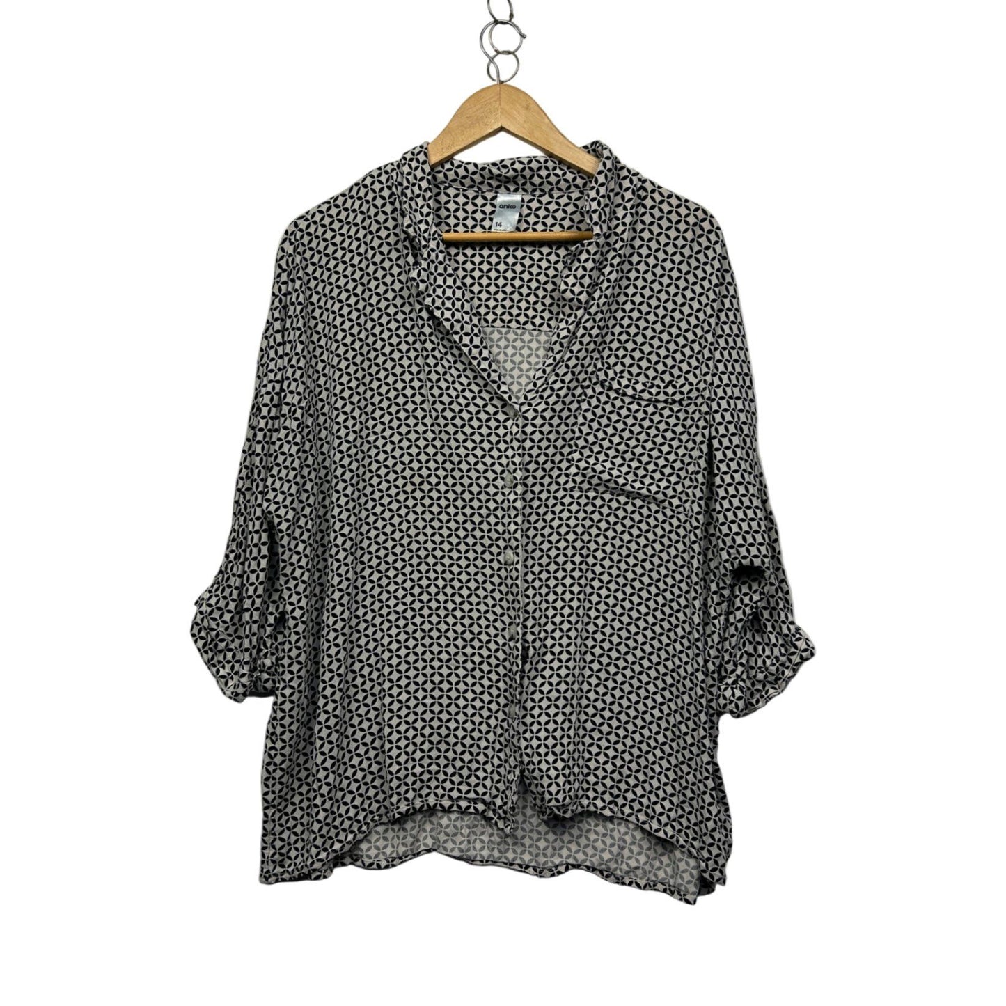 Anko Top Black White Viscose Long Sleeve Blouse Size 14