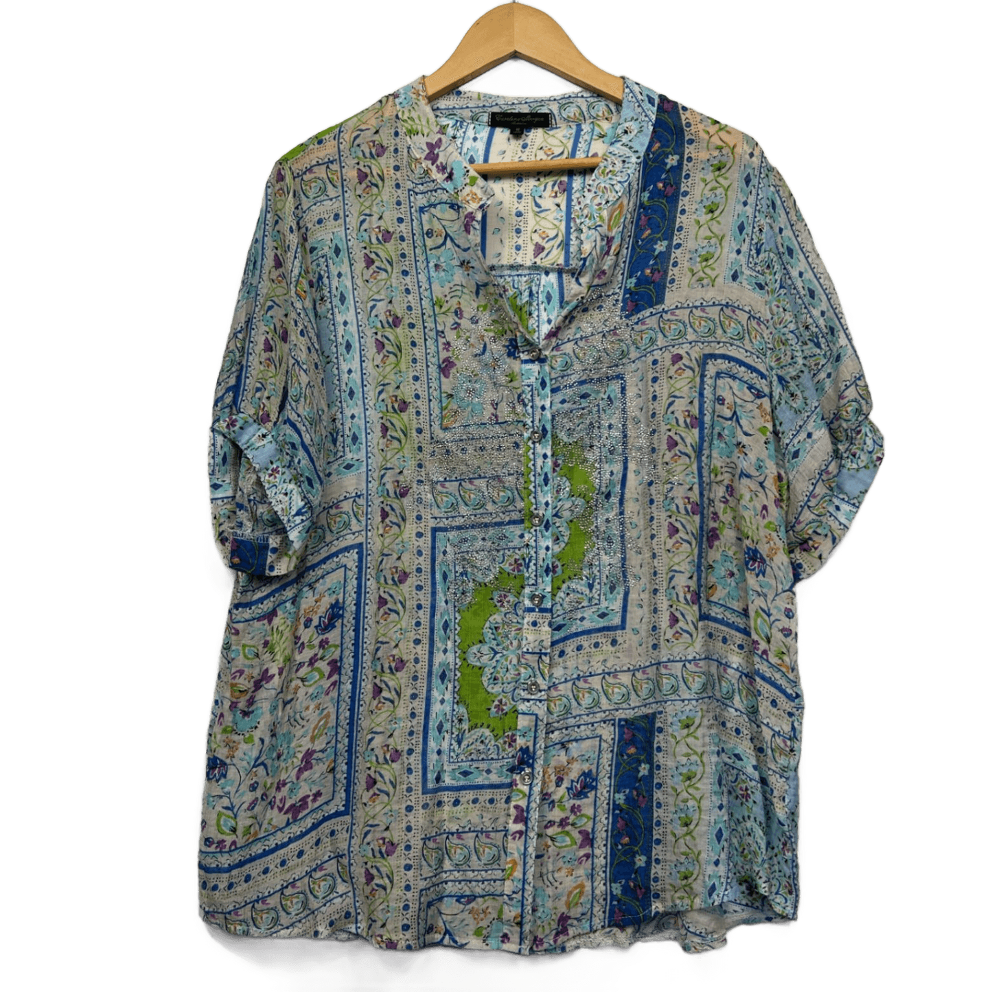 Caroline Morgan Blouse Size 16 Multicoloured Button Up Embellished Lightweight