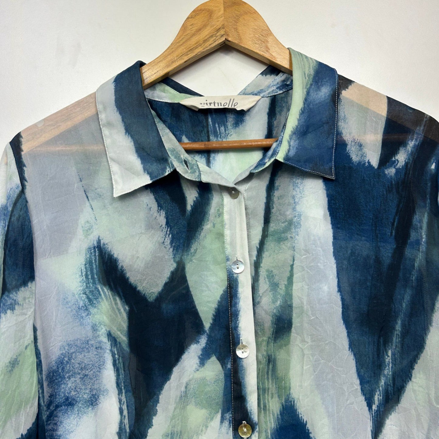 Virtuelle Shirt Blouse Blue Green White Polyester Long Sleeve Sheer Size 14