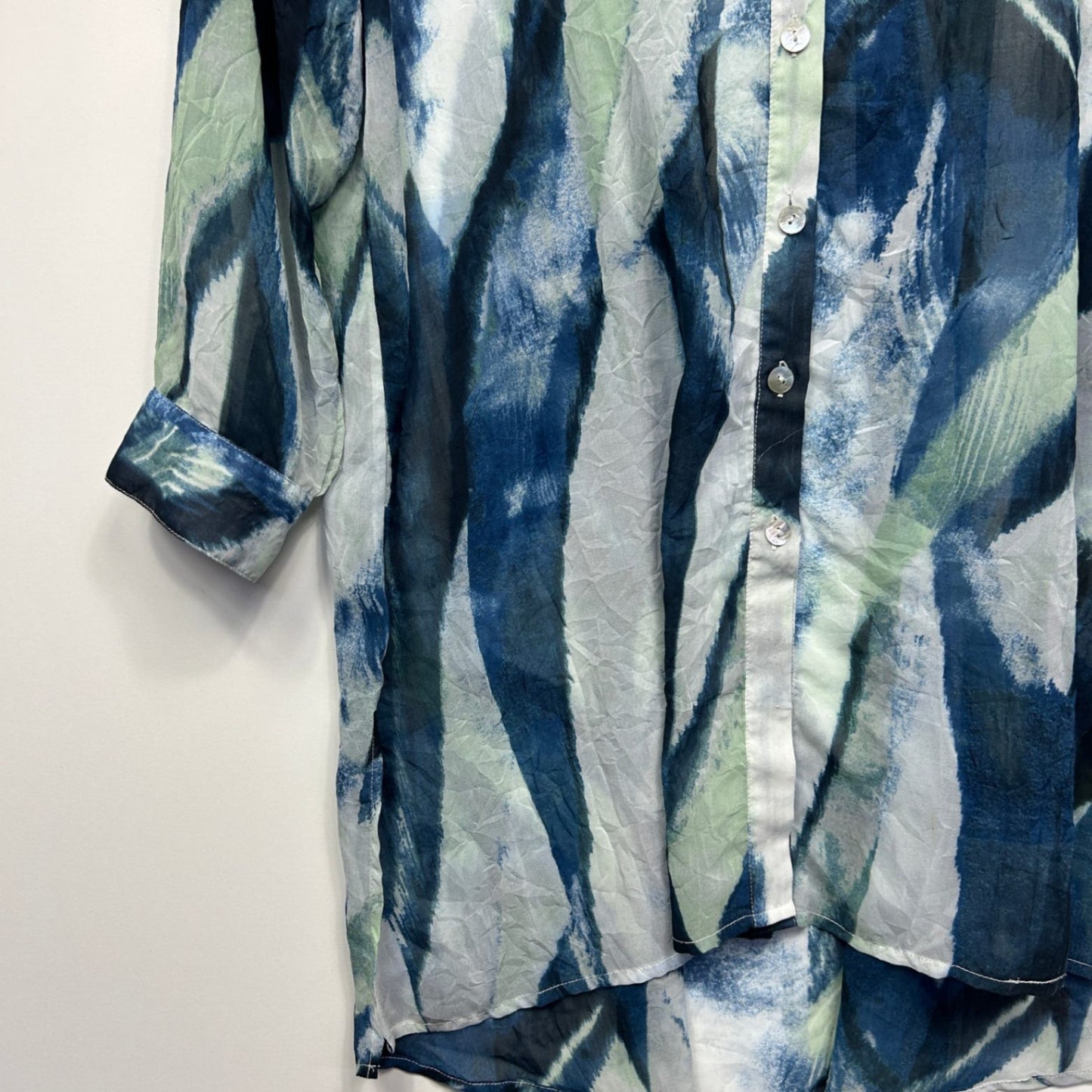 Virtuelle Shirt Blouse Blue Green White Polyester Long Sleeve Sheer Size 14