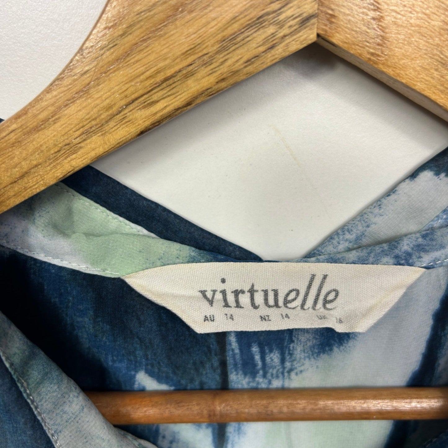 Virtuelle Shirt Blouse Blue Green White Polyester Long Sleeve Sheer Size 14