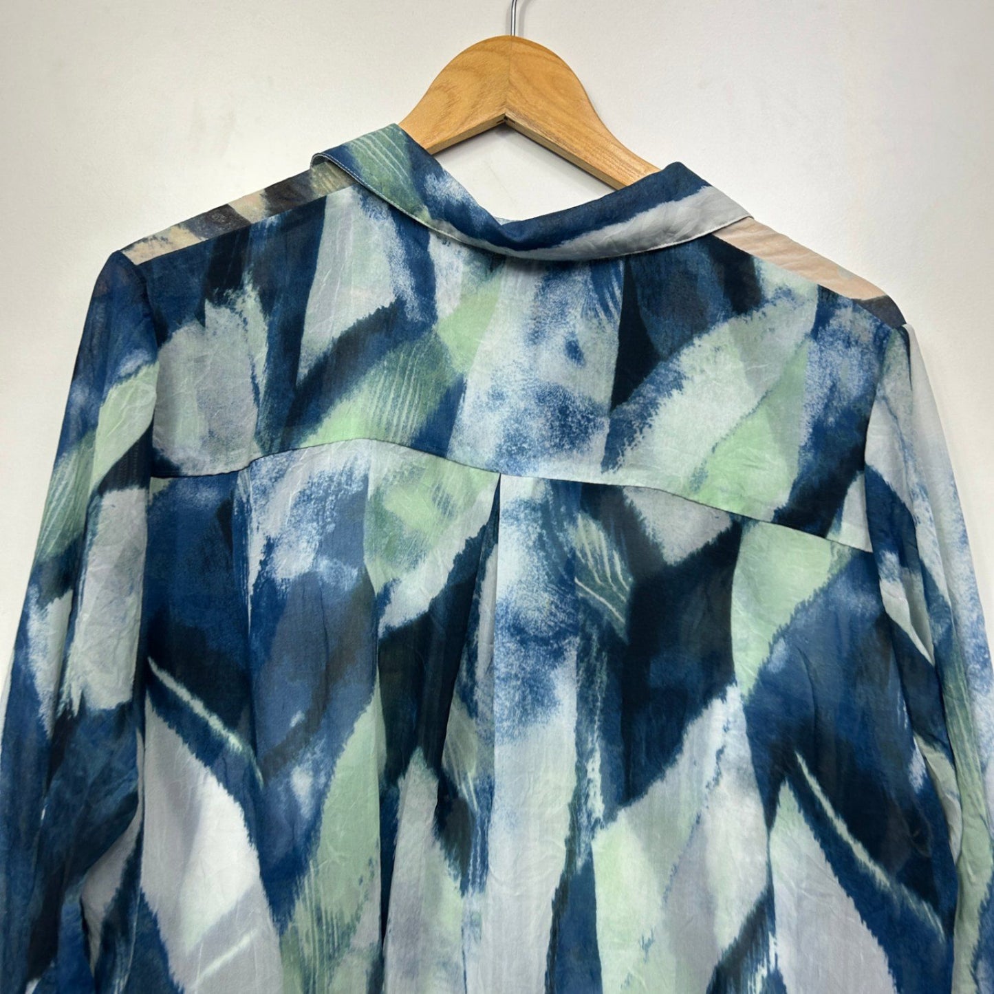 Virtuelle Shirt Blouse Blue Green White Polyester Long Sleeve Sheer Size 14