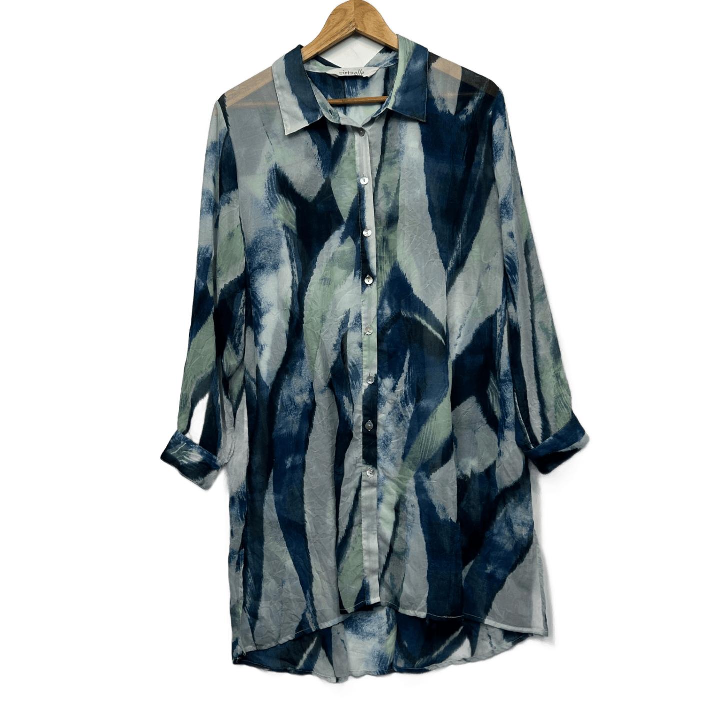 Virtuelle Shirt Blouse Blue Green White Polyester Long Sleeve Sheer Size 14