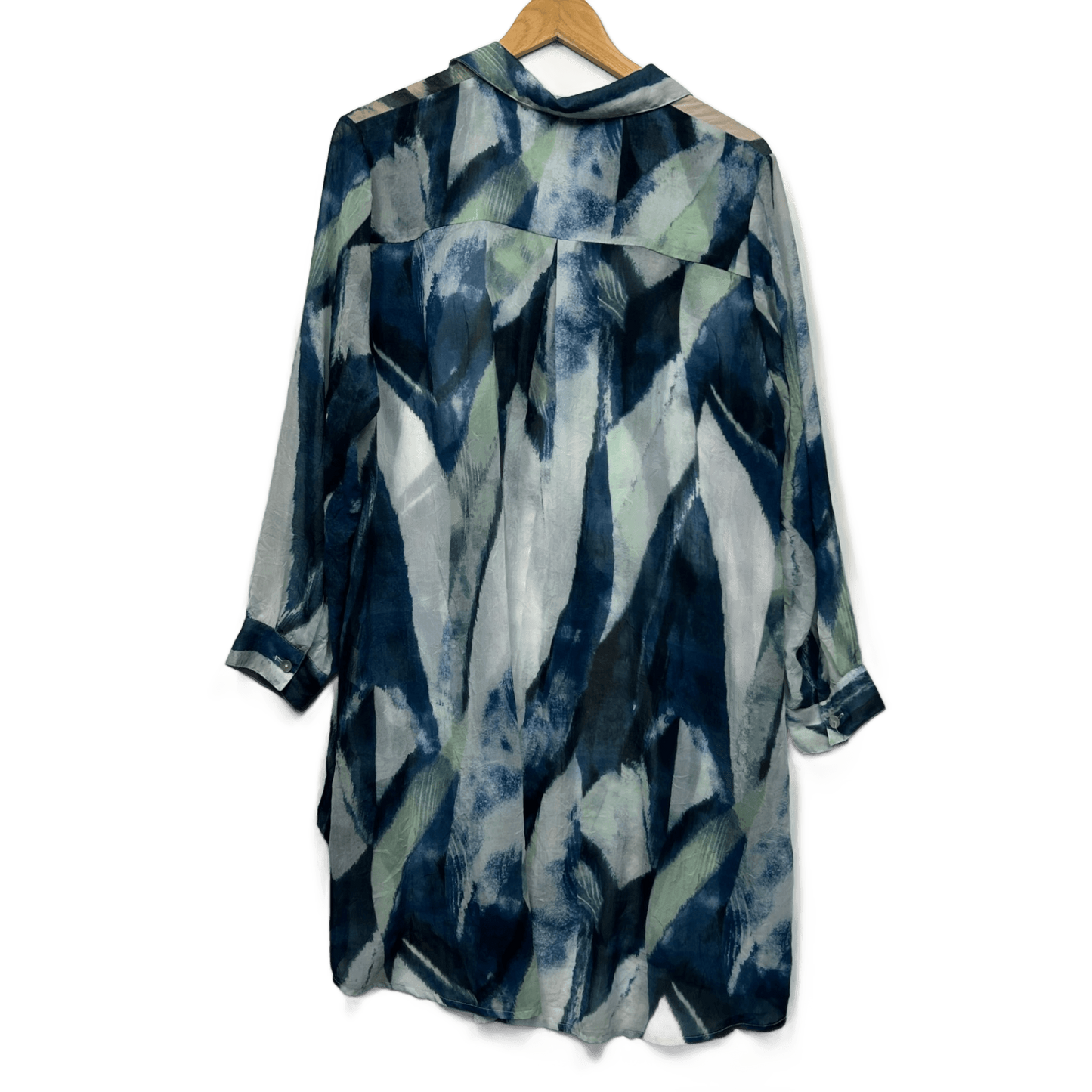 Virtuelle Shirt Blouse Blue Green White Polyester Long Sleeve Sheer Size 14