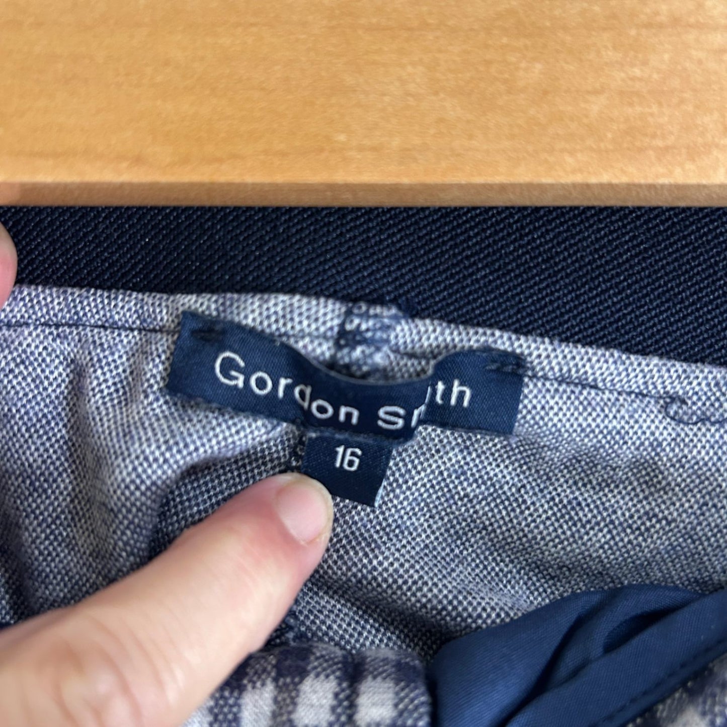 Gordon Smith Trousers Size 16 Navy White Gingham Check Flat Front Zip Fly