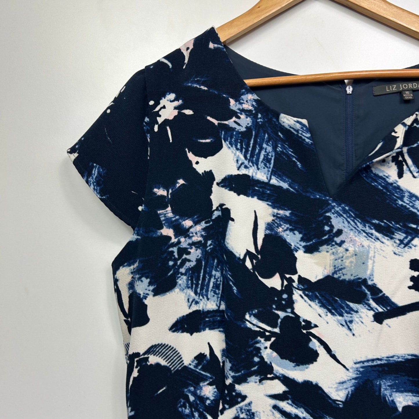 Liz Jordan Dress Blue White Floral Cap Short Sleeve Pencil Size 16