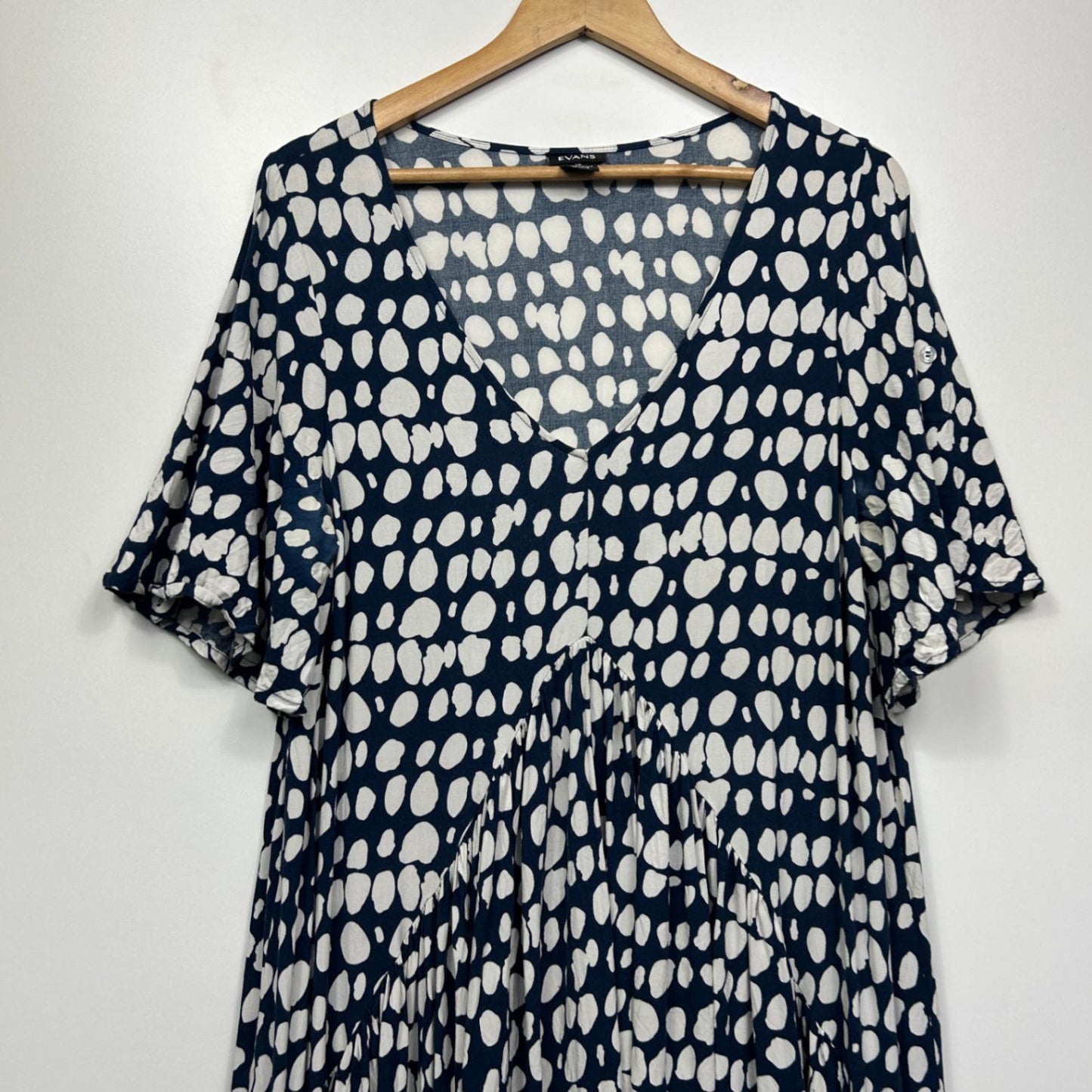 Evans Maxi Dress Size 16 Navy White Spot Print Short Sleeve Viscose